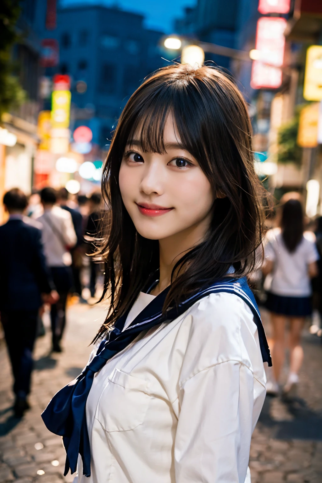 (8K、Raw photography、top-quality、masterpiece:1.2)、(realisitic、Photorealsitic:1.37)、ultra-detailliert、超A high resolution、女の子1人、see the beholder、beautifull detailed face、A smile、Constriction、(Slim waist) :1.3)、Beautiful detailed skin、Skin Texture、Floating hair、Professional Lighting、Whole human body、Longhaire、a blond、japanese hight school uniform、a sailor suit、matsuri、In the street、natta、Neon Street、Urban in Asia、Bob Hair、Happy smile