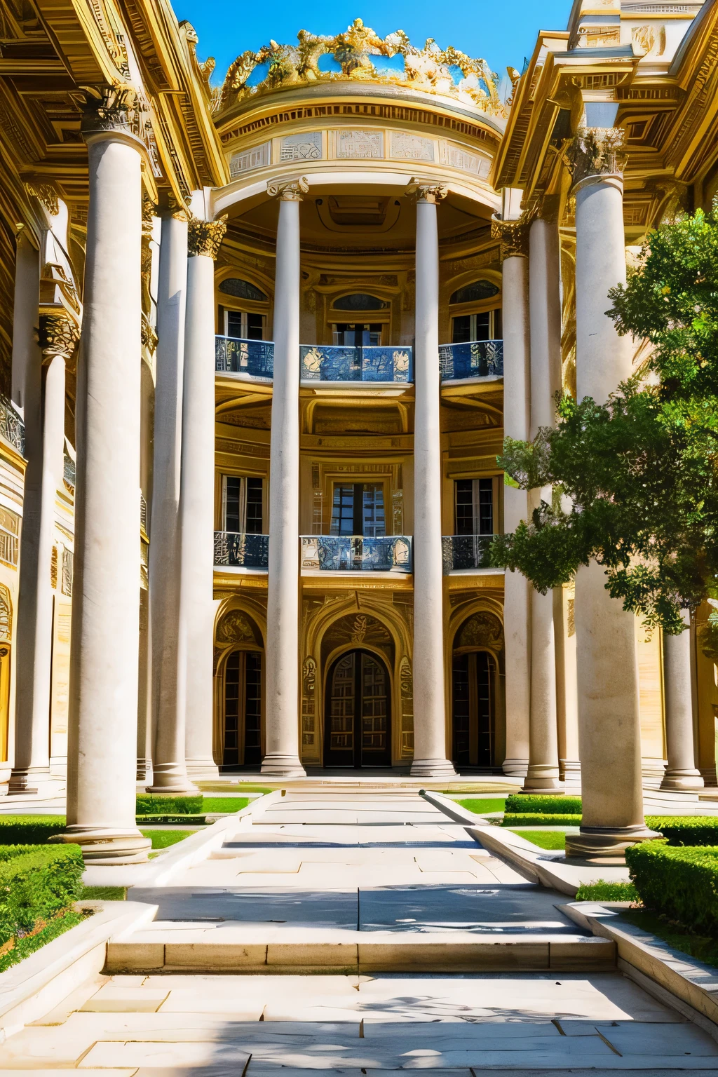 (huge 3 story building:1.1), majestic architecture, grandeur, Vast, beauty of versailles, Vastな, calm blue sky, school facade, Elegant design, intricate details, ornate decoration, lush garden, Harmonious environment, Picturesque landscapes, lively atmosphere, Bright colors, Students enjoying the outdoors, lively courtyard, rows of arched windows, splendid entrance, hall々barrel pillar, graceful symmetry, Impressive size, historical charm, Notable historical significance, cultural landmark, symbol of education, Stunning views reflected in the nearby pond, quiet atmosphere, place of inspiration, Bustling with learning activities, A hub of knowledge and growth, A blend of modern facilities and classic elegance, A sight to see, Capturing the essence of academic excellence.