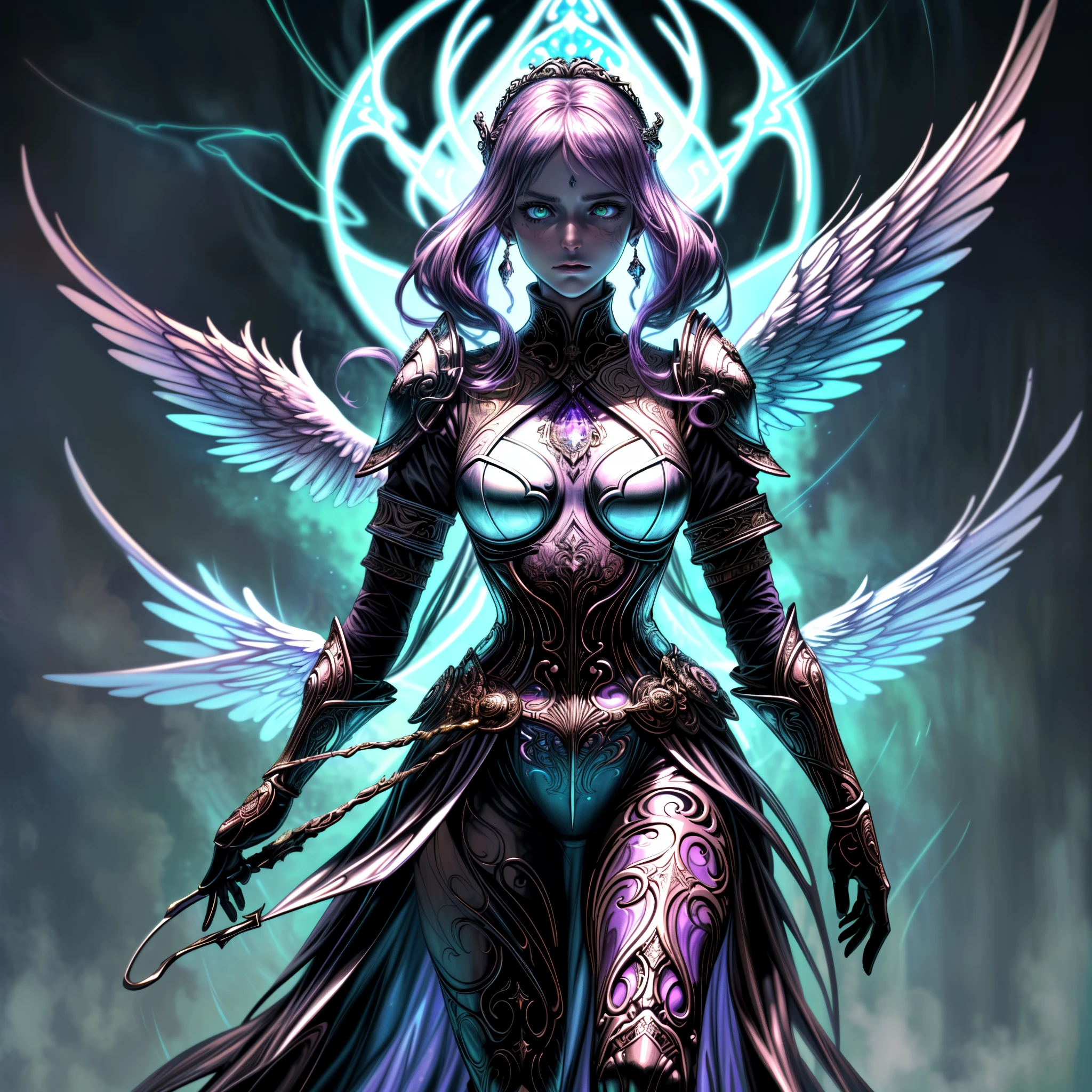 8k, ultra detailed, masterpiece, best quality, (extremely detailed), arafed, dnd art, panoramic view, full body, aasimar cleric casting a flaming spell,  aasimar, female, (Masterpiece 1.3, intense details), female, cleric, holy warrior, casting radiant spell, divine spell (Masterpiece 1.3, intense details) large angelic wings, azure angelic wings spread (Masterpiece 1.3, intense details), fantasy divinel background (Masterpiece 1.5, intense details), sun, clouds, wearing white armor  (Masterpiece 1.5, intense details), blue cloak, flowing robe (Masterpiece 1.3, intense details), high heeled boots (Masterpiece 1.3, intense details), armed with mace, Glowing Purpleת metalic hair, green eyes, intense eyes, feminine, ultra detailed face, (Masterpiece 1.5, best quality), anatomically correct (Masterpiece 1.3, intense details), determined face, divine light, cinematic lighting, soft light, silhouette, photorealism, panoramic view (Masterpiece 1.3, intense details) , Wide-Angle, Ultra-Wide Angle, 8k, highres, best quality, high details