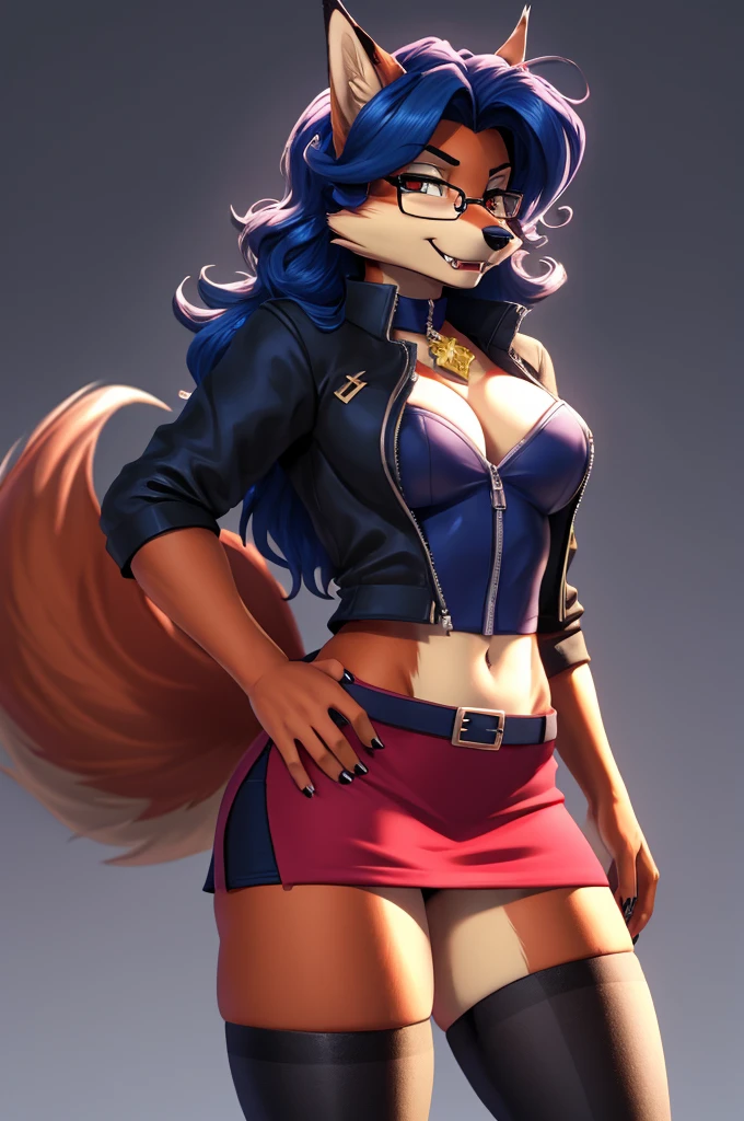 Carmelita Fox, glasses, chest, skin tight outfit, fangs, hand on hip, seductive, blue hair, simple background, short skirt, 1girl, masterpiece, realistic, best quality, ultra detail, ultra high res, extreme detail, highres, 8k
