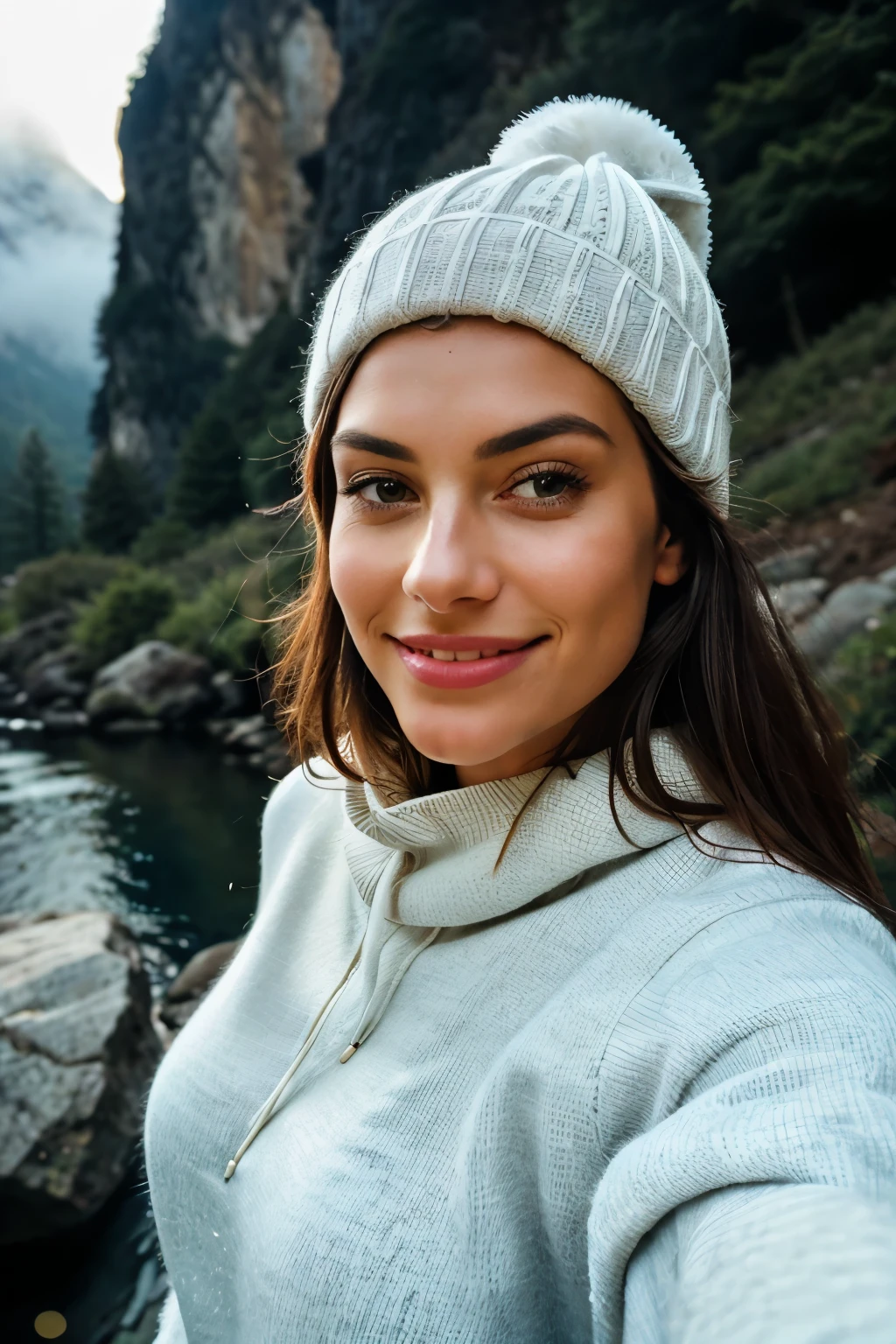 Photograph of a beautiful woman taking a selfie, upper body shot, solo, wearing a cozy pullover, outdoors, at night, among the majestic mountains and the serene forest, surrounded by the real life nature, stars twinkling in the sky and the moon casting a gentle light, with a cheerful and happy expression, pulled up gloves complementing her sweater and beanie keeping her warm, a close up shot with a RAW photo texture, capturing the intricate details of her skin and the unique photo grain, all elements merging beautifully in the image, a perfect moment of peace and tranquility, taken in the midst of rocks, river, wood, and the soothing smoke and fog.