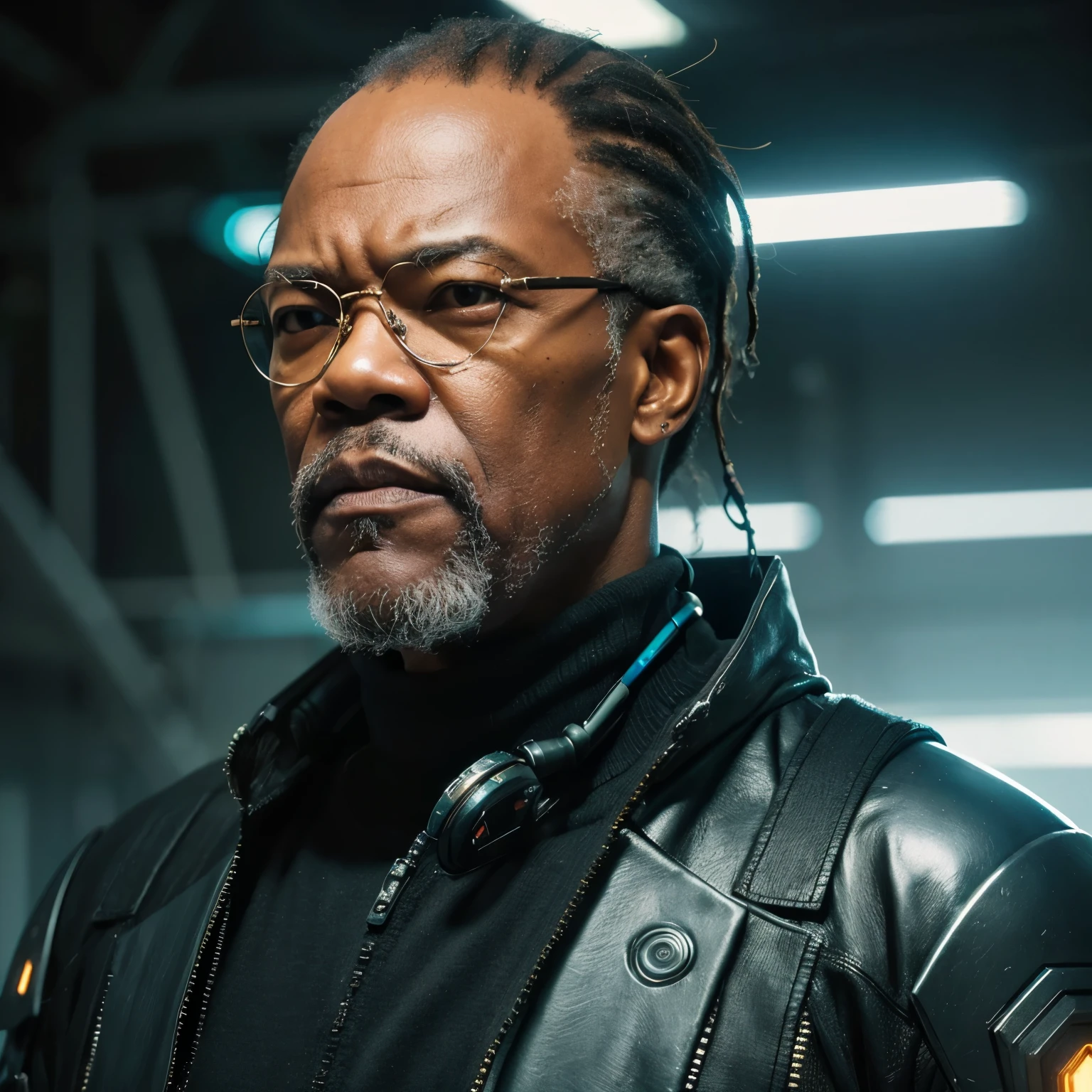 ((masterpiece, highest quality, hires, amazing detail, 8k, best quality)), cinematic, portait, closeup shot of middle aged man / Samuel l jackson/, wearing highly damaged battlesuit, perfect facial hair, scars, cybernetic implants, mirrorshades, in the artstyle of shirow masamune, ghost in the shell, gantz, gritty, cyberpunk background, dynamic colours