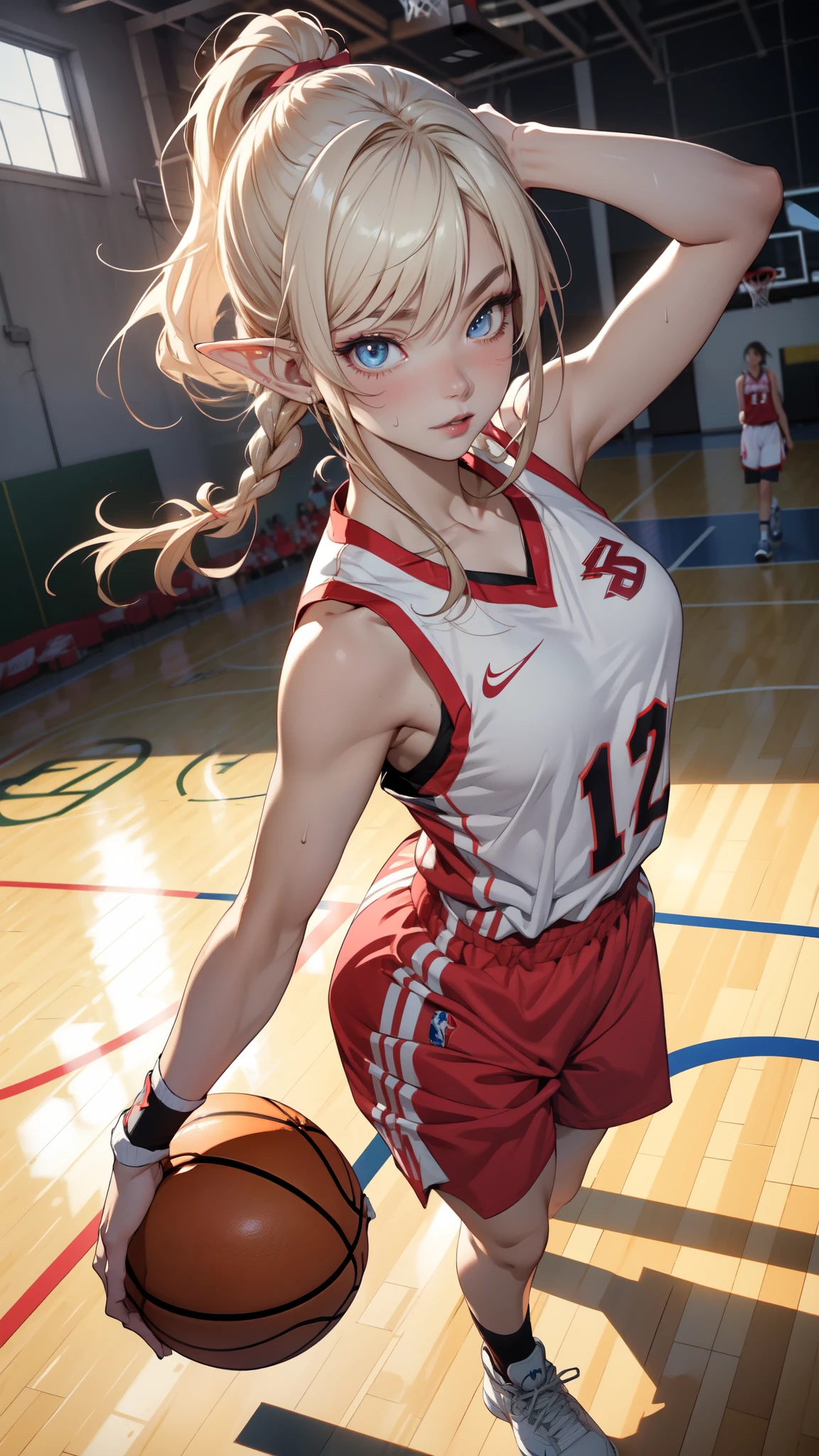 ((masterpiece)), (top quality), (best quality), ((ultra-detailed, 8k quality)), Aesthetics, Cinematic lighting, soft semi-backlit light, (detailed line art), absurdres, (best composition), (high-resolution),
BREAK,
portrait of beautiful basketball player (elf girl), full body, playing basketball, (((jumping)), Dynamic pose, arms up, lay up shooting to ring), (from above, atmospheric perspective), blurry foreground, indoors, (basketball court:1.3), basketball uniforms, (black armband), (white knee protector), sneakers, sweating, blurry background, depth of field, cinematic dramatic atmosphere,
BREAK,
highly detailed of (elf), (1girl), solo, perfect face, details eye, ahoge, twin braids, white shining hair, hime cut bangs, blue eyes, shining eyes, (beautiful detailed eyelashes, eyeshadow, pink eyeshadow), smirking, design art by Mikimoto Haruhiko, by Kawacy, By Yoshitaka Amano,
BREAK,
((perfect anatomy)), perfect body, Abs, (medium breast), perfect hands, perfect face, beautiful face, beautiful eyes, perfect eyes, (perfect fingers, deatailed fingers), correct anatomy, perfect legs, perfect ball, Detailed ball,
