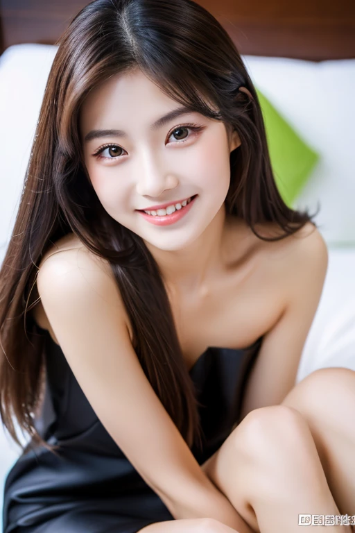 masterpiece, highest quality, 8K, super dense skin, perfect anatomy,Upper body,cute, Chinese female,1 girl, Colorful long hair,straight hair,oily shiny skin,off shoulder black dress,Chinese female,Young adorable Chinese face, Chinese female idol portrait,Chinese facial features, korean girl, 18-year-old,on the bed,cross your legs,looking at the viewer,sharp focus,center the focus,devilish smile,double eyelid,detailed face,smooth skin,highly detailed eyes,Excited,detailed description,sexy pose