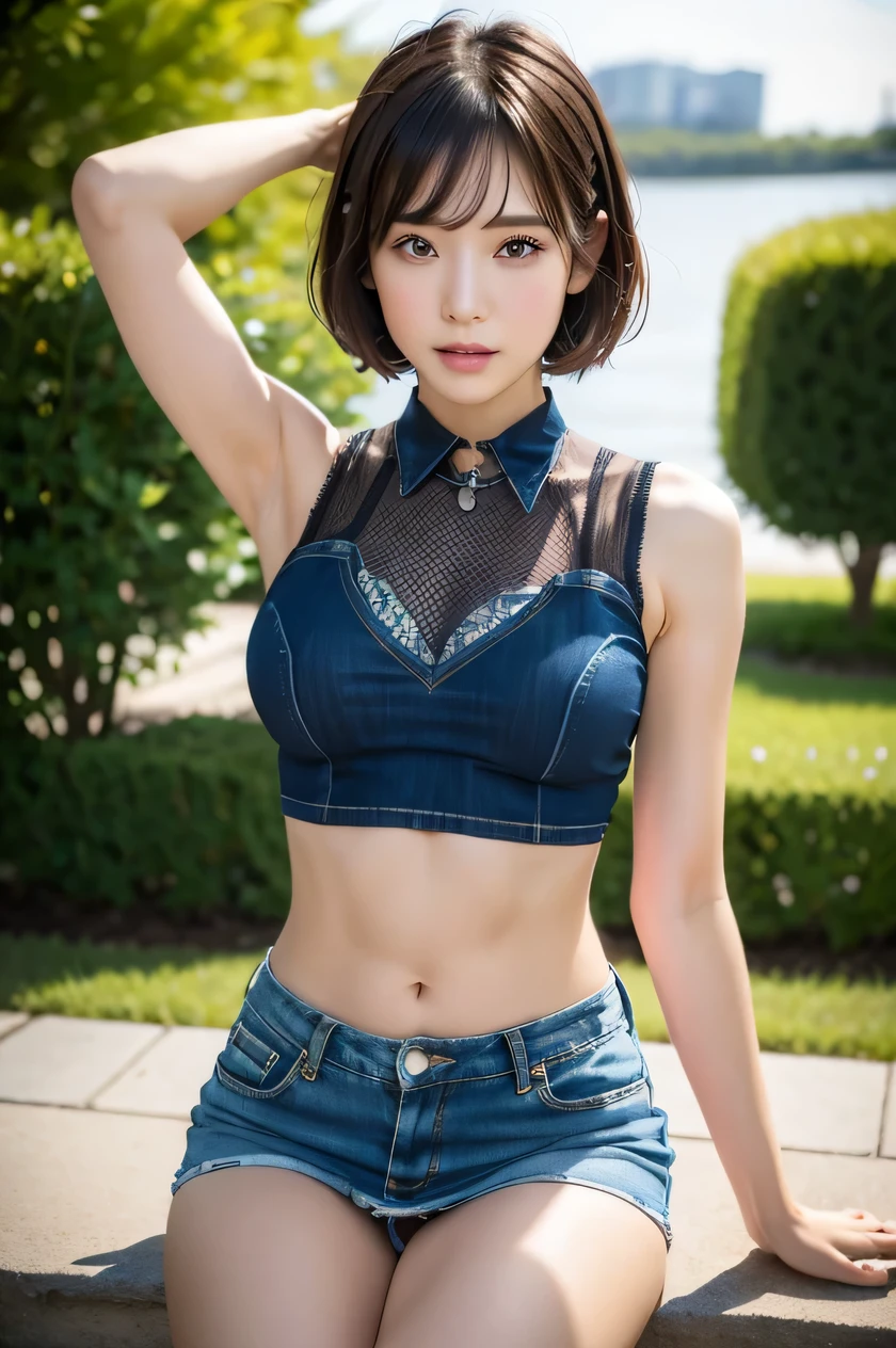 The beauty of 8K raw photos:2.0, short hair,, great face and dark eyes, stare at the camera, Puzzled look:1.6, Raise your hands to show your armpits, dynamic pose, sit with legs wide apart,(pink tank top、denim minimum skirt:1.2)、 realistic:1.9, very detailed CG 統合 8k 壁紙, very detailed, High resolution RAW color photos, professional photos, Taken on the lawn, girl sexy portrait