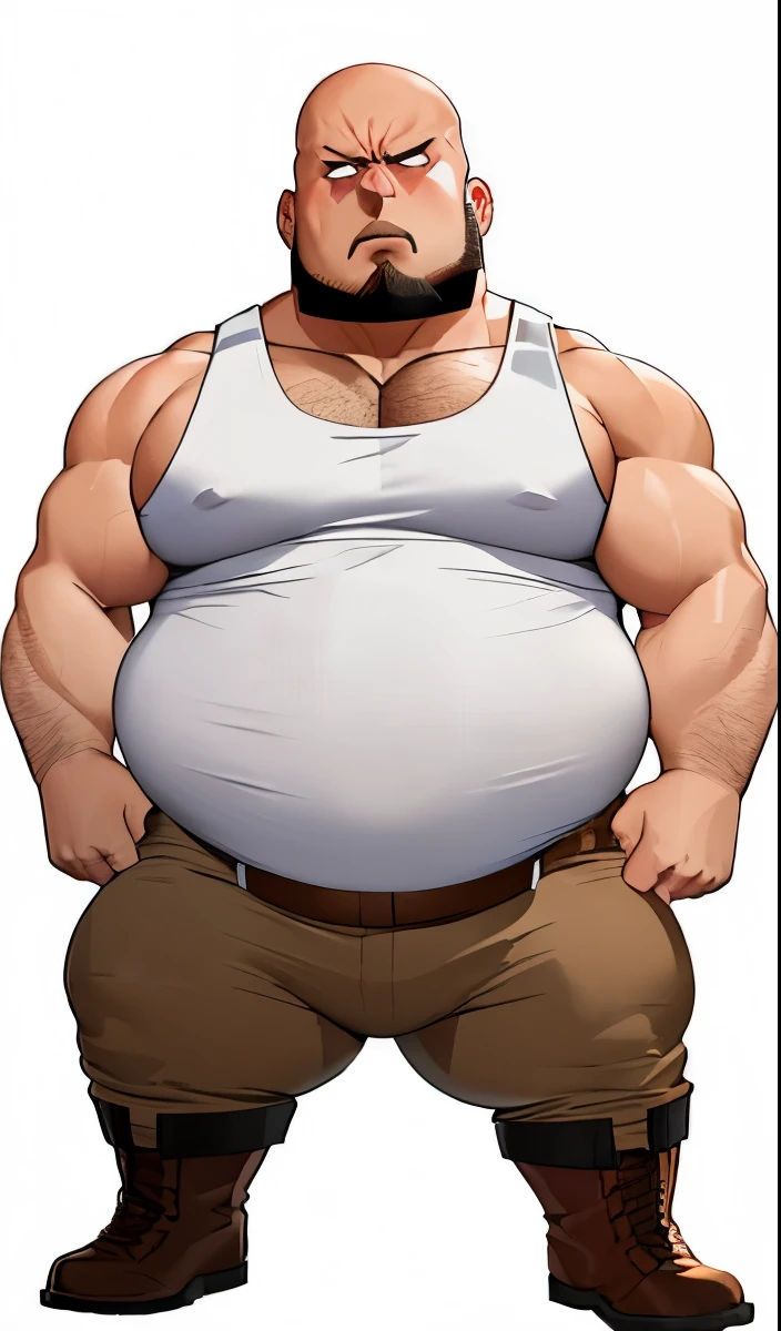 sharp focus, bald head, obese man, bulging brown pants, big belly, angry look, white tank top, fists