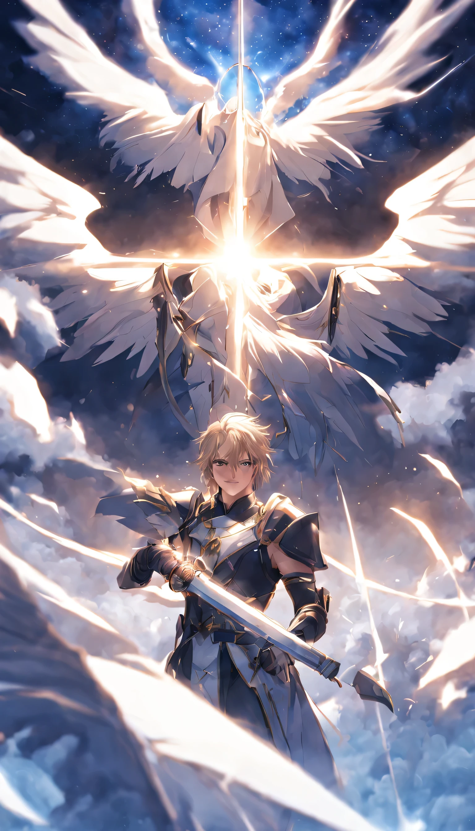 A celestial battlefield with Michael, the male warrior angel leading angels, setting the tone for the powerful journey ahead.