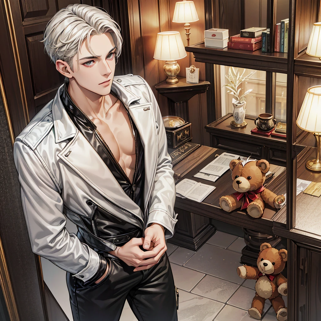 masterpiece, high-quality, high-definition, high-resolution, anime style,High-quality, High-resolution, Anime-style, Warm color tones, Angled from above, Full-body, Front-facing, (a young man is holding a teddy bear:1.3), Soft warm lighting, Relaxed pose with a Bose, Attractive facial features, Gentle smile, Various novel hairstyle, platinum hair, Light men's makeup, wears open-chested leather jacket and pre-ripped jeans pants, Beautiful kind eyes, kind mouth, Warm brown eye color, Smooth skin texture, Exposed arms and face, Standard bust size, Muscular yet slim body, Alluring vibe, cool accessories, Teddy bear as a possession, Barefoot, Relaxed atmosphere, (Background is private room with a window, richly drawn and delicate)