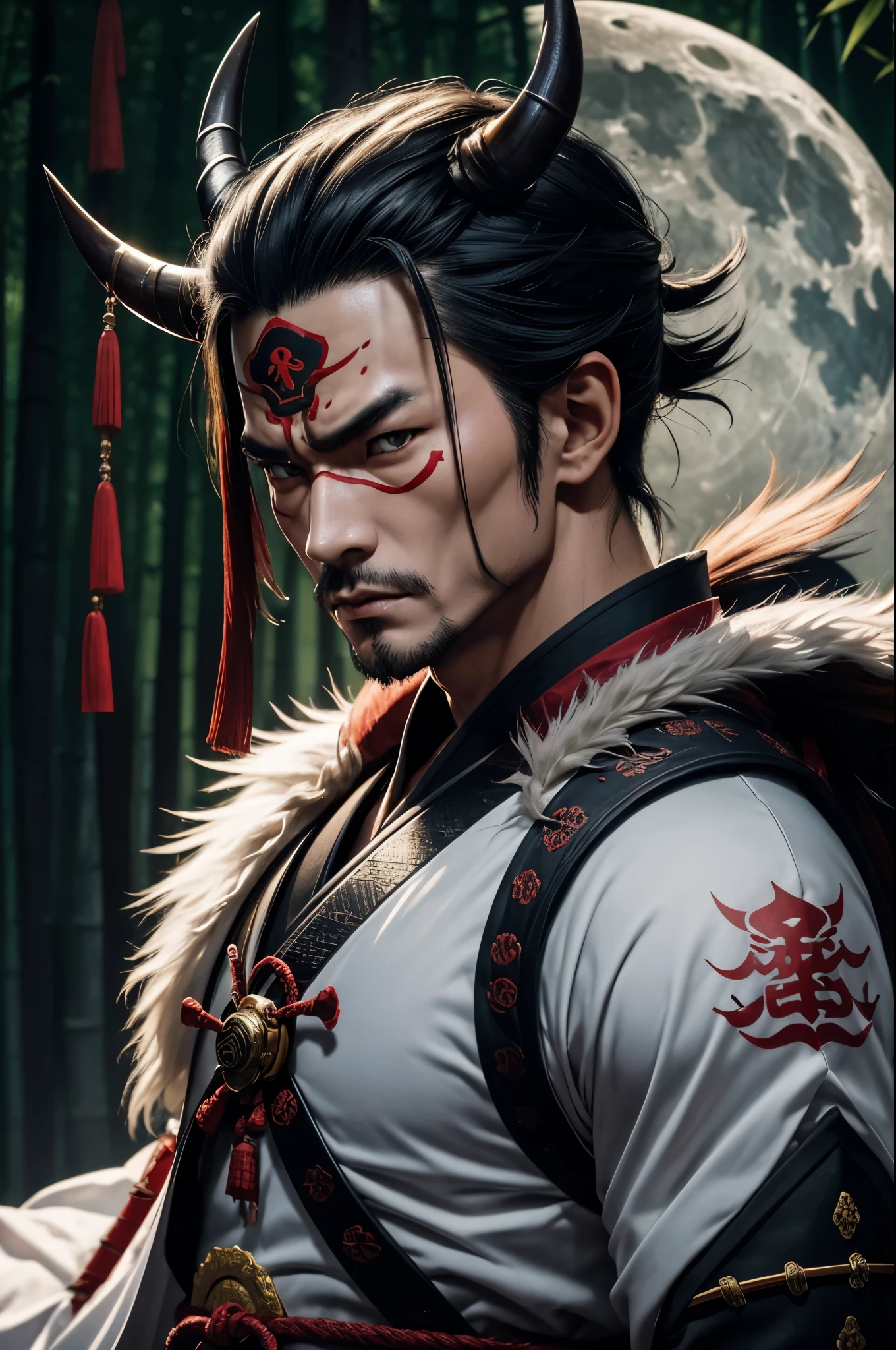 8K,額から真っ直ぐにbornえる1本の白い角,Demon man with a big long sword, devil&#39;s villain, samurai with demon mask,super handsome(like the real thing),Albino skin,realistic skin golden eyes, Devil Samurai, Devil Samurai戦士, Demon Samurai, Slender muscular macho body,Onmyoji portrait, portrait of a samurai warrior, Samurai Portrait Photography, feudal japanese art, onmyoji, handsome japanese devil boy,1 demon horn(額からbornえている), moon bull samurai,angry expression,rugged appearance,1 white corner,ultra high resolution,Super realistic,rich colors, Backlight, cinematic lighting, film grain, born, 50mm lens, Nikon D850,full moon and bamboo forest,