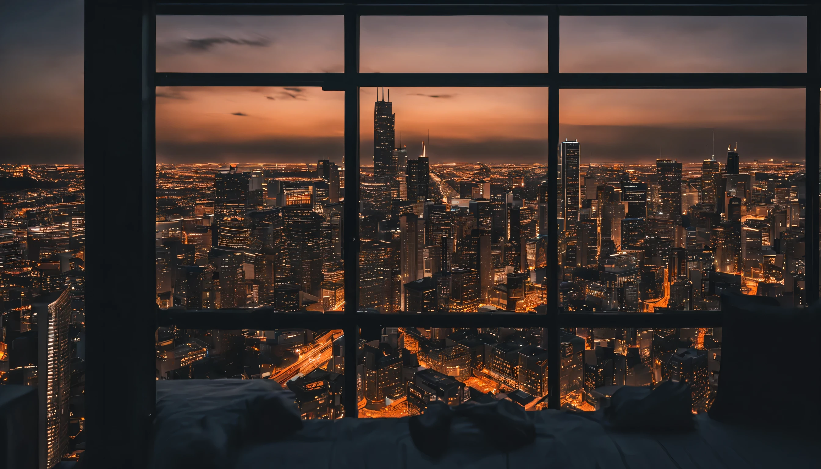city buildings at night，Neon sign says &quot;veeven&quot;, urban skyline in the background, chicago skyline, city in background, city in background, skyline showing, skyline seen from rooftop, tech city in background, urban skyline, dusk skyline, skyline showing from the windows, city in background灯光, urban skyline in the backround