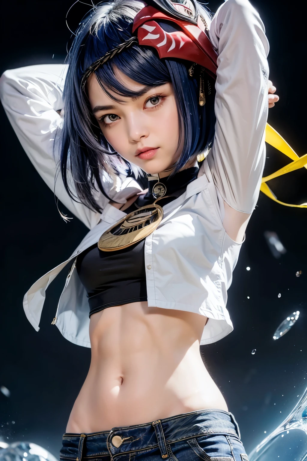 1girl, mask on head, blue hair, short hair, yellow eyes, ((black long sleeved shirt, crop top, long blue jeans, heels)), iron belt, ((bare midriff, navel, upper body)), high quality, night, town, standing, smile, looking at viewer