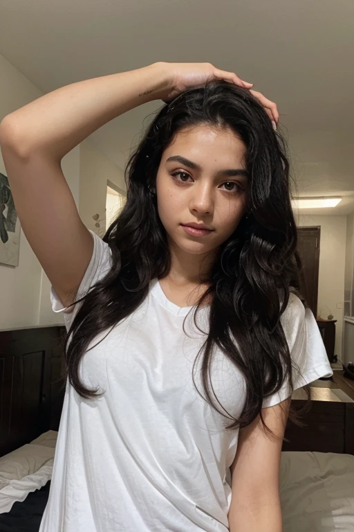 beautiful mexican with gray eyes white skin and long black curly hair, If you place your right hand horizontally on your head, dodging the top of your head with your palm onliy left palm in His room