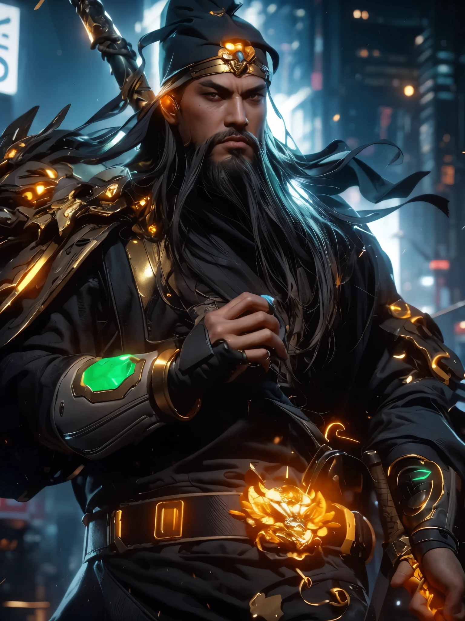 1 man,top quality, (colored skin),Cyber Samurai, Guan Yu,(Gold shoulder armor,Cyberpunk style green metal armor, glowing belt, silver future wristbands ,hat of the future, long heavy beards), (lots of beard),super detailed, Mecha, super detailed的细节, Exquisite details,Hack into a computer terminal, Mecha, Hand holding black spear, ((Cyberpunk 2077 cityscape)), (Cyberpunk aesthetics and atmosphere:1.3),futuristic,Ultra high detail, high quality,Ultra-detailed facial textures, Joy and pride, Weapons systems