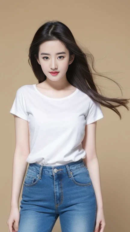 a beautiful chinese girl dressed in a white t-shirt and black short jeans Liuyifei 