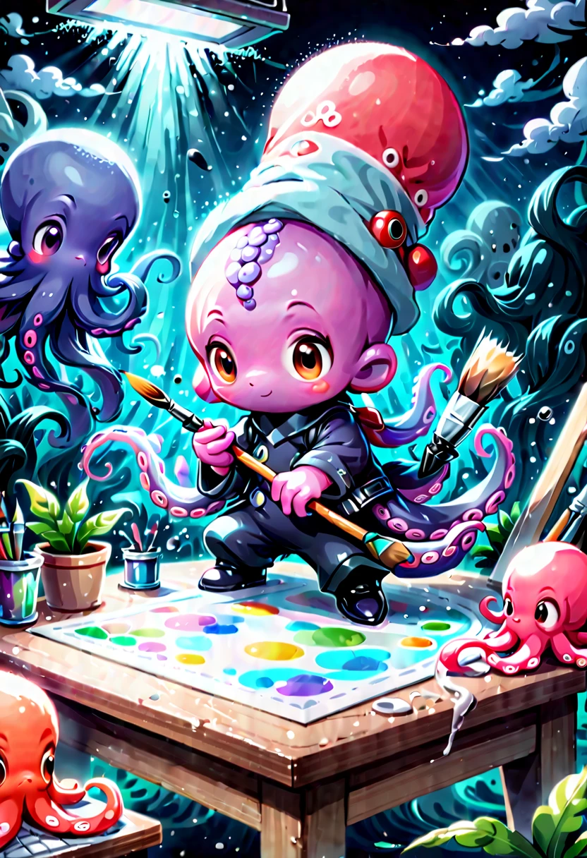 Illustrated style and whimsical atmosphere，an underwater world，((1 cute octopus holding a paintbrush and drawing pictures on the drawing board:1.5))，((油画颜料和彩色ink的强烈飞溅效果:1.6))，(More ink splatter effects on the canvas and octopus)，(Character covered in ink liquid splatter), (Underwater world background，Splashed ink，ink)，The octopus should look happy doing its art，Surrounded by a vibrant aquatic environment filled with coral and marine life。(vector illustration:1.2)