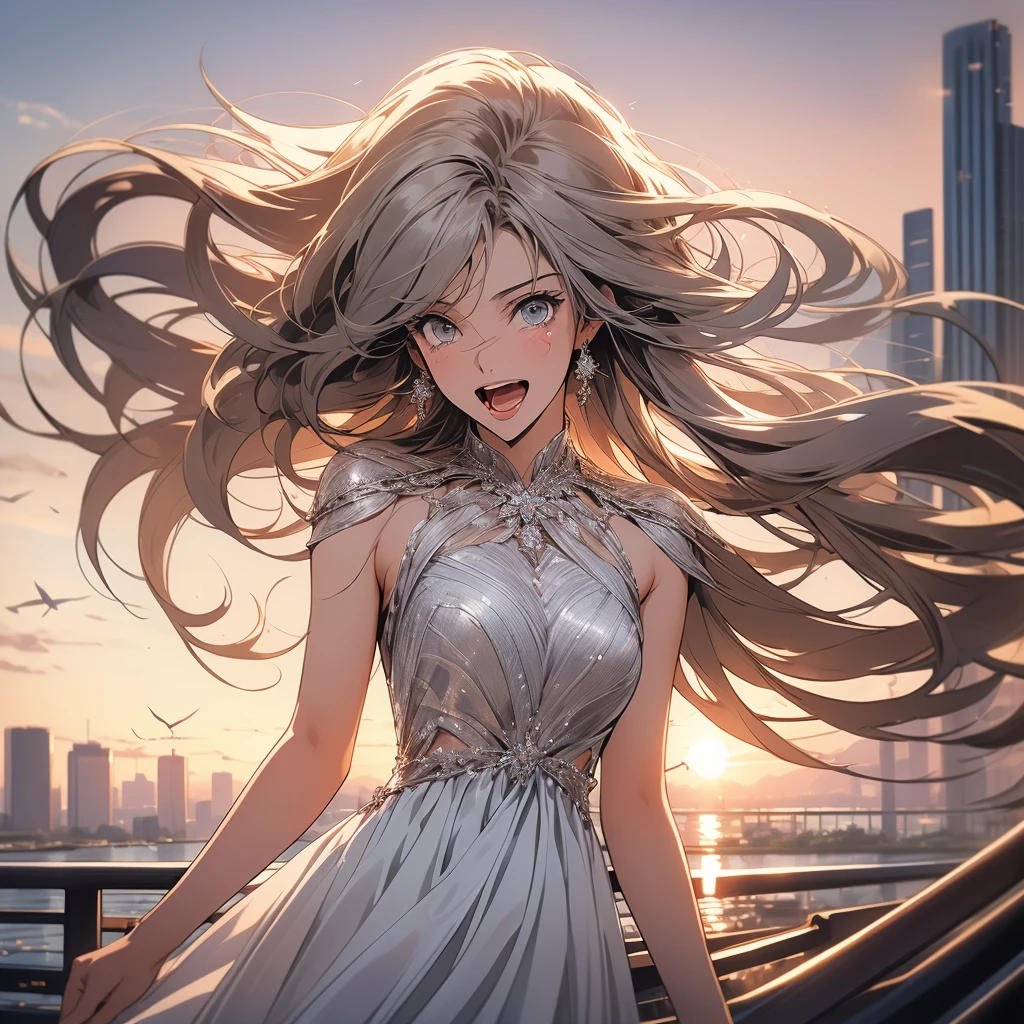 masterpiece, high-quality, high-definition, high-resolution, anime style, spotlight, full body (Diagonal angle looking up from below, close-up upper body),
BREAK
(a beautiful girl is Screaming into the sunset:1.4), (wide open eyaes and mouth, her one hand outstretched, her Long hair is disheveled by strong winds:1.2),
BREAK
platinum hair color, wears wedding dress, (Tears are shedding, tears are flying in the air)
BREAK
(Skyscrapers are in disarray skyscraper rooftop, urban bustle, vast vistas, and a girl tucked away), (Dazzling sunset, reflection effect:1.2), (trick art:1.3), (Background is richly drawn and delicate:1.4)