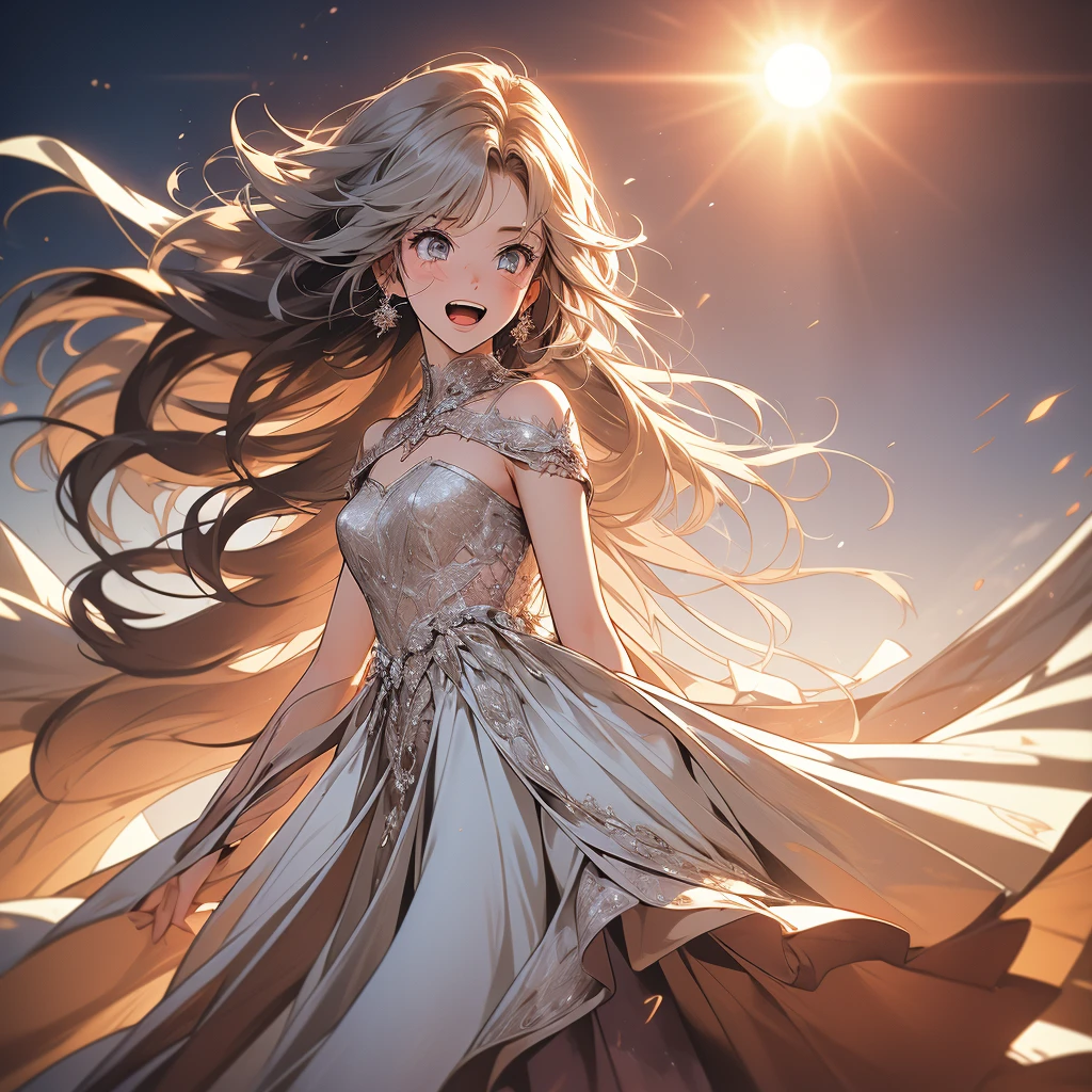 masterpiece, high-quality, high-definition, high-resolution, anime style, spotlight, full body (Diagonal angle looking up from below, close-up upper body),
BREAK
(a beautiful girl is Screaming into the sunset:1.4),  (wide open eyaes and mouth, her one hand outstretched, her Long hair is disheveled by strong winds:1.2),
BREAK
platinum hair color, wears wedding dress, (Tears are shedding, tears are flying in the air)
BREAK
(Skyscrapers are in disarray skyscraper rooftop, urban bustle, vast vistas, and a girl tucked away), (Dazzling sunset, reflection effect:1.2), (trick art:1.3), (Background is richly drawn and delicate:1.4) 