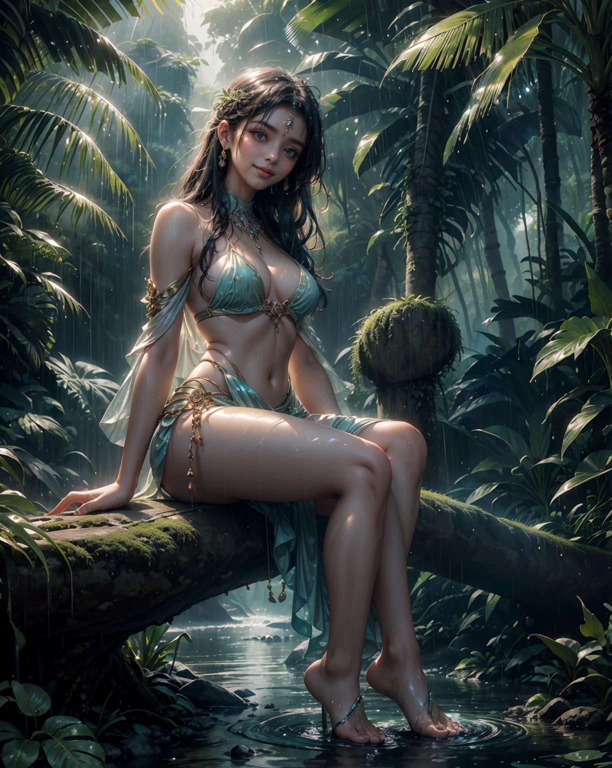 (Background:: jungle, monsoon on tropical island, kerala village, dense rain, monsoon, rainy environment, tropical climate, wet lush jungle landscape, lush rain forest, at evening during rain, rainy scene, rainy; 90's photograph, rain like a dream, tropic climate, moonlit kerala village) a woman sitting on a rock in a river, sexy pose on stones, stunning nature goddess look, indian girl with glowing skin, lovely languid princess, provocative indian, various seducing pose, of indian princess, closeup shot of princess, lovely princess , feeling the nature, panoramic view of girl, indian goddess, smiley face , beautiful smile, sexy smile.
