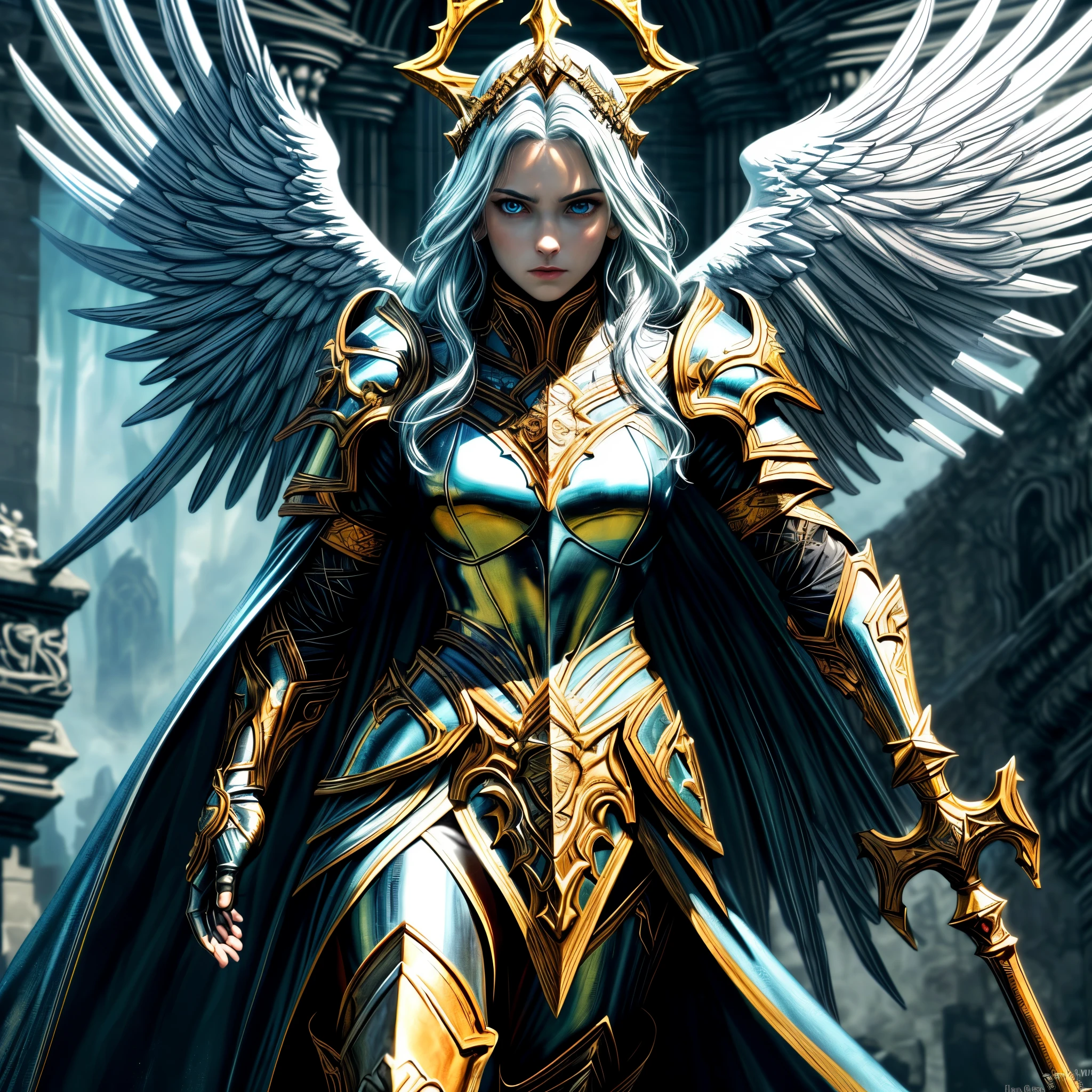 8k, ultra detailed, masterpiece, best quality, (extremely detailed), arafed, dnd art, panoramic view, full body, aasimar cleric casting a flaming spell,  aasimar, female, (Masterpiece 1.3, intense details), female, cleric, holy warrior, casting radiant spell, divine spell (Masterpiece 1.3, intense details) large angelic wings, azure angelic wings spread (Masterpiece 1.3, intense details), fantasy divinel background (Masterpiece 1.5, intense details), sun, clouds, wearing white armor  (Masterpiece 1.5, intense details), blue cloak, flowing robe (Masterpiece 1.3, intense details), high heeled boots (Masterpiece 1.3, intense details), armed with mace, metalic hair, green eyes, intense eyes, feminine, ultra detailed face, (Masterpiece 1.5, best quality), anatomically correct (Masterpiece 1.3, intense details), determined face, divine light, cinematic lighting, soft light, silhouette, photorealism, panoramic view (Masterpiece 1.3, intense details) , Wide-Angle, Ultra-Wide Angle, 8k, highres, best quality, high details