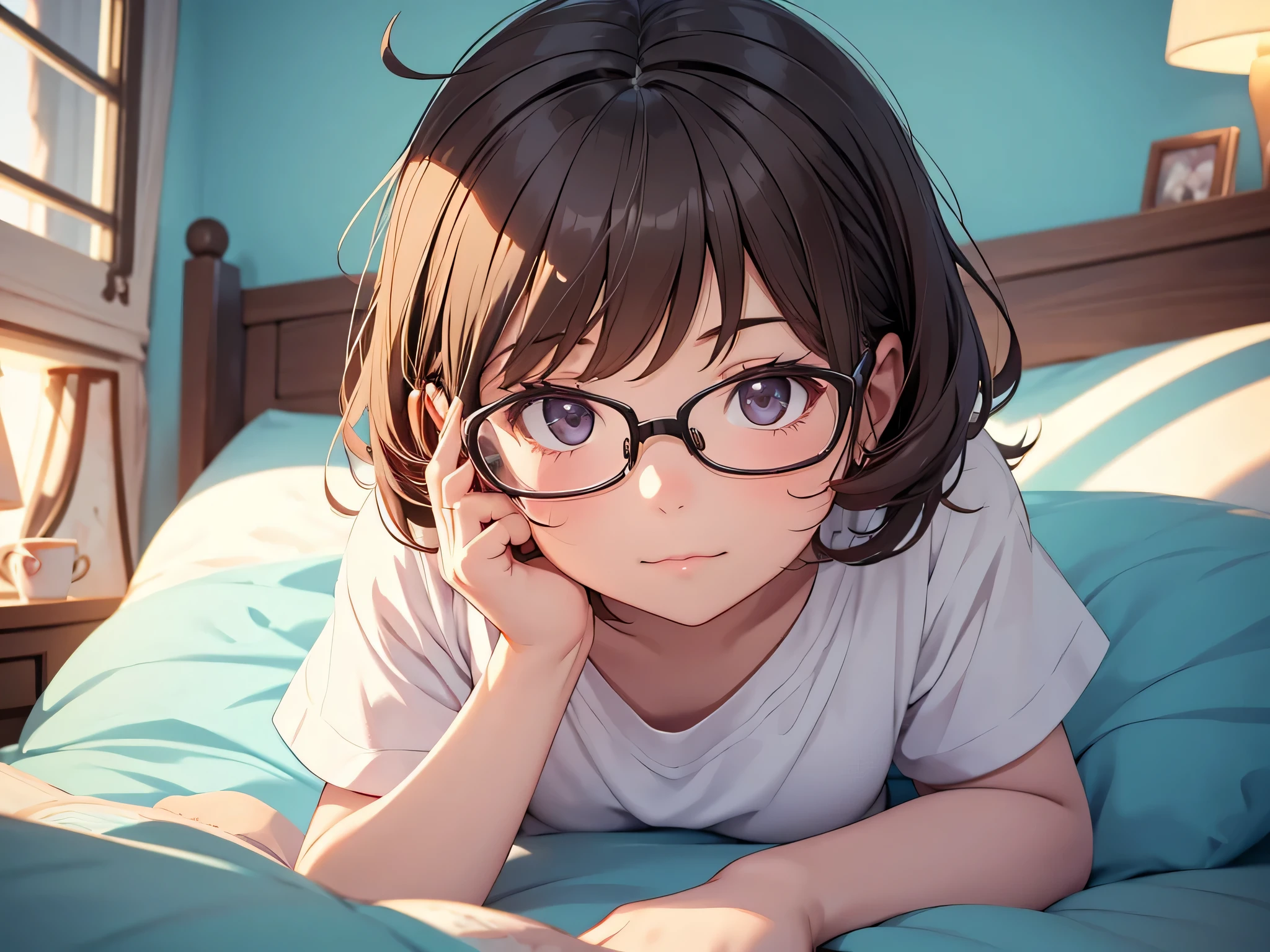 Selfie of a Girl  with cute glasses, angelic and round face, wide angle selfie, in a calm and cutest way, in bed, colorful, aesthetic, Noon Environment, Unreal Engine Style, Nostalgic-Analog Style
