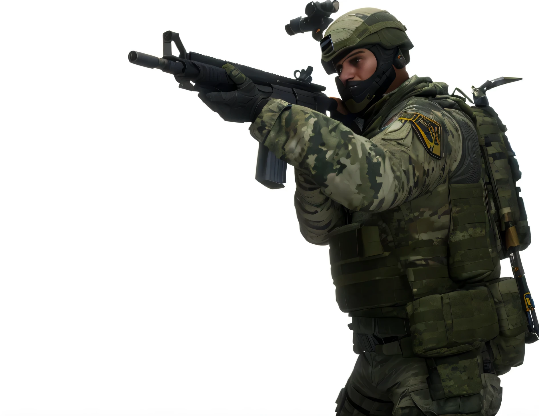 Close-up of a soldier holding a rifle and backpack, CS:go screenshot, CSGO, counter strike, High quality theme rendering, continuous frequency modulation, continuous frequency modulation render, in game, in game image, looks like jerma985, in game shot, loading screen&Quote;, p90, cfg _ scale 1 5, dramatic gun pose, in game