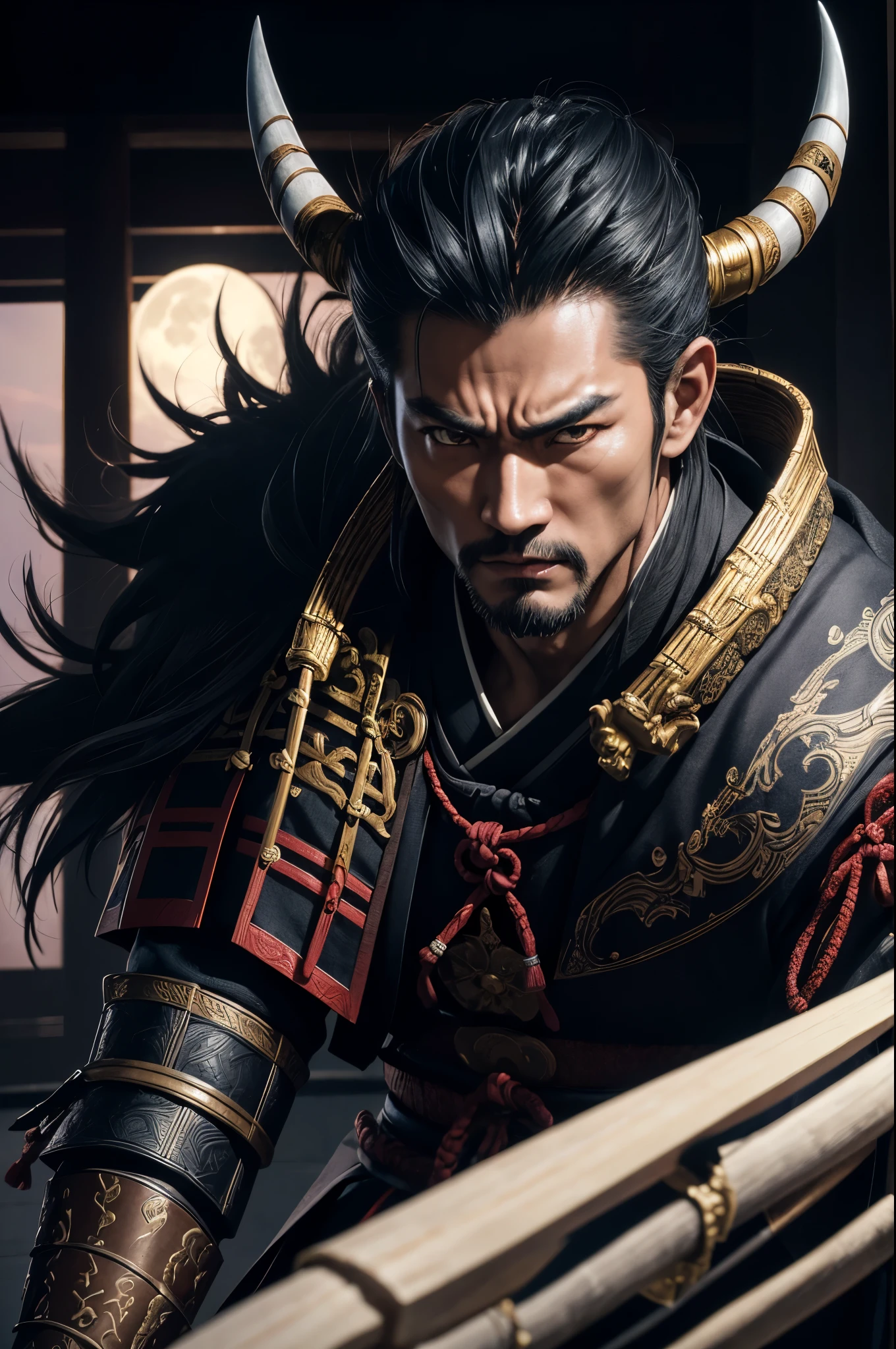 8K,額から真っ直ぐにbornえる1本の白い角,Demon man with a big long sword, devil's villain, samurai with demon mask,super handsome(like the real thing),Albino skin,realistic skin golden eyes, Devil Samurai, Devil Samurai戦士, Demon Samurai, Slender muscular macho body,Onmyoji portrait, portrait of a samurai warrior, Samurai Portrait Photography, feudal japanese art, onmyoji, handsome japanese devil boy,1 demon horn(額からbornえている), moon bull samurai,angry expression,rugged appearance,1 white corner,ultra high resolution,Super realistic,rich colors, Backlight, cinematic lighting, film grain, born, 50mm lens, Nikon D850,full moon and bamboo forest,super handsomeな成人した男性,pure white skin,