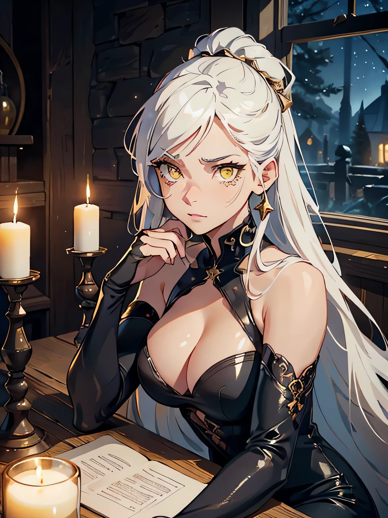 masterpiece, high quality, illustration, extremely detailed, 1_women, (upper body), sitting, sitting in chair, hands overing face, (exotic skin_complexion:1.4),mature, statuesque, beautiful, exotic, crying, sad expression, nsfw, busty, chest window, ((cleavage)), and halter dress, black ((diaphanous sparkling dress)) with gold trim, bare_shoulders, black knee_high boots, white embroidery elbow gloves, long hair, white hair, realistic and detailed face having ((yellow_eyes)), tears in eyes, ((dark_eyeliner)), long_eyelashes, dynamic lighting casts detailed shadows, rustic room, wooden table, rustic cabin, candles, candle light, clocks on walls, potions, curtains, window with view of a starry night, night sky,