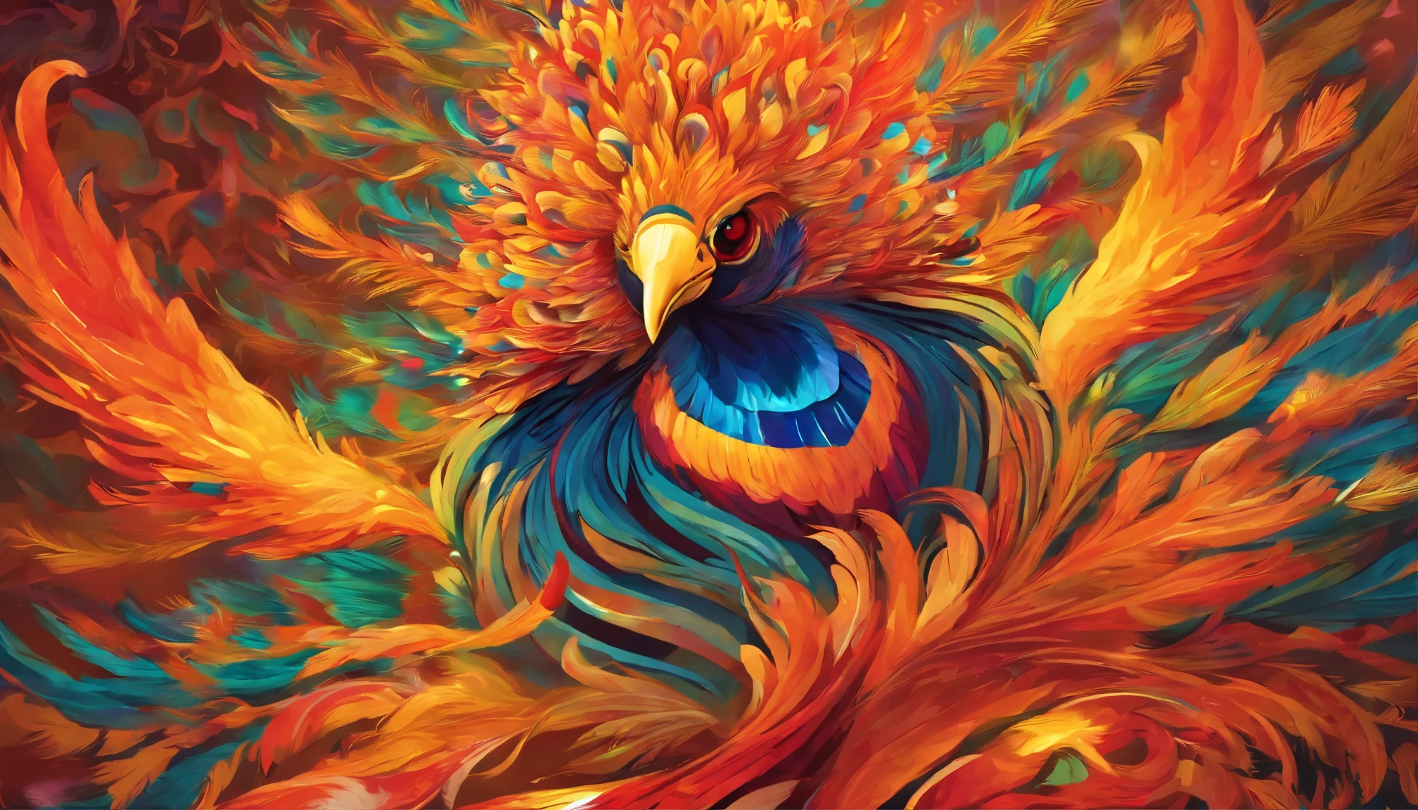 (best quality,4k,8k,highres,masterpiece:1.2),ultra-detailed,(realistic,photorealistic,photo-realistic:1.37),pheonix with a peacock tail, rising up wings stretched out off fire,illustration,feathers,brilliant colors,bright and vibrant,flames,glowing,looming in the sky,mythical creature,graceful movement,elegant form,fiery plumage,ornate pattern,tail feathers spread wide,mesmerizing beauty,majestic creature emerging,mythological symbolism,regal presence,eye-catching artwork,striking composition,contrast of peacock colors and phoenix flames,luminous detailing,hypnotic and captivating.