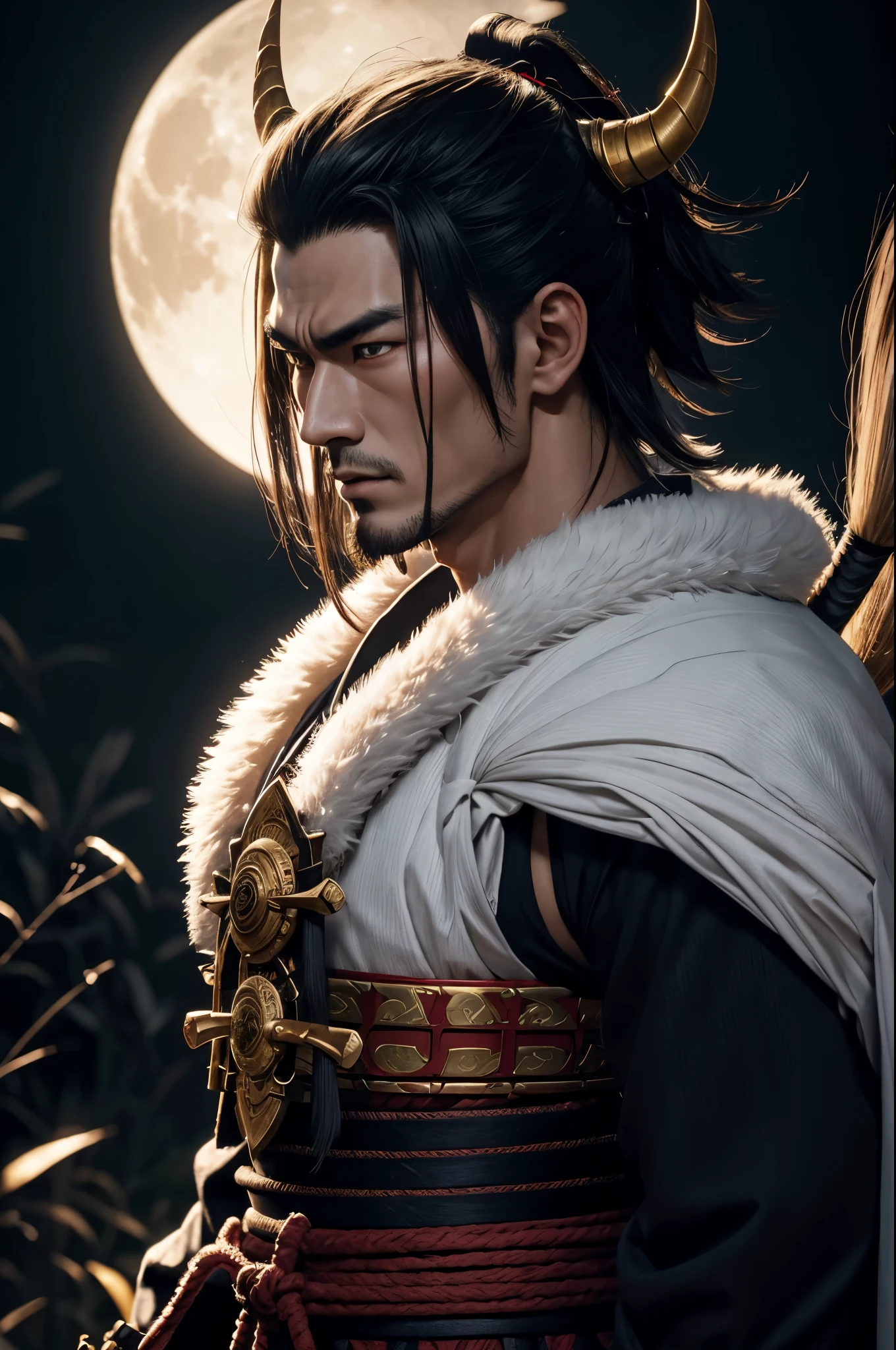 8K,額から真っ直ぐにbornえる1本の白い角,Demon man with a big long sword, devil's villain, samurai with demon mask,super handsome(like the real thing),Albino skin,realistic skin golden eyes, Devil Samurai, Devil Samurai戦士, Demon Samurai, Slender muscular macho body,Onmyoji portrait, portrait of a samurai warrior, Samurai Portrait Photography, feudal japanese art, onmyoji, handsome japanese devil boy,1 demon horn(額からbornえている), moon bull samurai,angry expression,rugged appearance,1 white corner,ultra high resolution,Super realistic,rich colors, Backlight, cinematic lighting, film grain, born, 50mm lens, Nikon D850,full moon and bamboo forest,super handsomeな成人した男性,pure white skin,