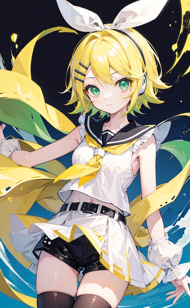 top-quality、super precision、Onegirl、(kagamine_Rin)、Green eyes、Cute s、Shorthair、White hair ribbon、hair clips、headphones、a blond、a sailor suit、Black shorts、a belt、Yellow neckerchief、Sleeveless、ssmile、High school students、Older sister、white backgrounid bigger breast