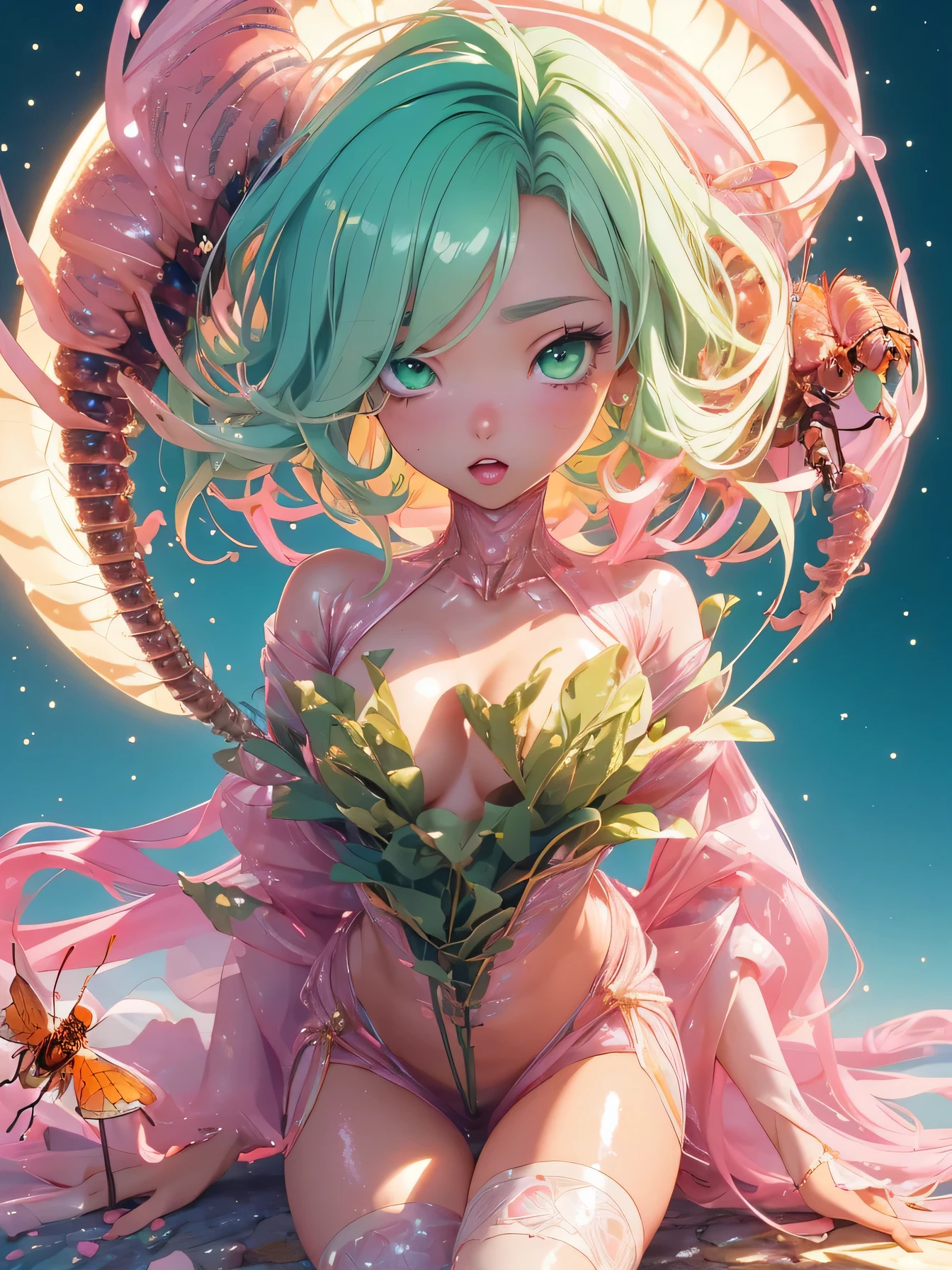 nsfw:1.1, high resolution:1.7, incredibly absurdres, kawaii:1, cute:1.5, hires.fix, anime visual:1, incredibly fine illustration,8k,masterpiece:1.2,best quality, high quality, exquisite, beautiful, insanely detailed, intricate detailed, extremely detailed, Super Definition, ultra high res, Super Resolution, best aesthetic, ultra detailed:1.5, best quality, perfect face, detailed face, masterpiece:1.2, illustration:1.2, 8k cg wallpaper, stunning art,absurdres,octane render,ultra hires,Japanese Actress,(Idol),18yo,Beautiful,(Cute and lovely),cute girl,((anime elf with extremely cute and beautiful pink hair)),((((pink hair:1.35,colored inner hair,ear breathing)))),(((green_eyes:1.3))),intricate eyes,beautiful detailed eyes,symmetrical eyes,big eyes:1.5,enchanting bright eyes studded with gold and silver dust,(((pinky skin,glowing_skin,rous skin:1.5,bright skin: 1.5,skin tanned,shiny skin,very shiny skin,shiny body,plastic glitter skin,exaggerated shiny skin,illuminated skin))),upward breast slender,(detailed body,(detailed face)),cute,daring,zettai ryouiki,show skin,best relationship with four fingers and one thumb,Very Fine Face and Eyes,Very Fine Hair,(Perfect Anatomy),((girl trembling with sexual climnude,uned,(insect, interspecies, insect, ms, parasite, seedbed, maggot, caterpillar, birth_monster:1.4), impregnation, extreme content, birthing, non humanoid pregnancy, egg laying, worms on body, (screaming, despair), panting,tentacles, tentacle pit, monster, (cowboy shot, spread legs),