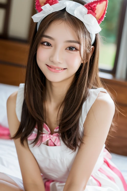 masterpiece, highest quality, 8K, super dense skin, perfect anatomy,Upper body, cute,, 1 girl, Colorful long hair,straight hair,oily shiny skin,,cat ear headband,Maid clothes,on the bed,,on the bed,cross your legs,looking at the viewer,sharp focus,center the focus,devilish smile,double eyelid,detailed face,smooth skin,highly detailed eyes,Excited,detailed description,sexy pose