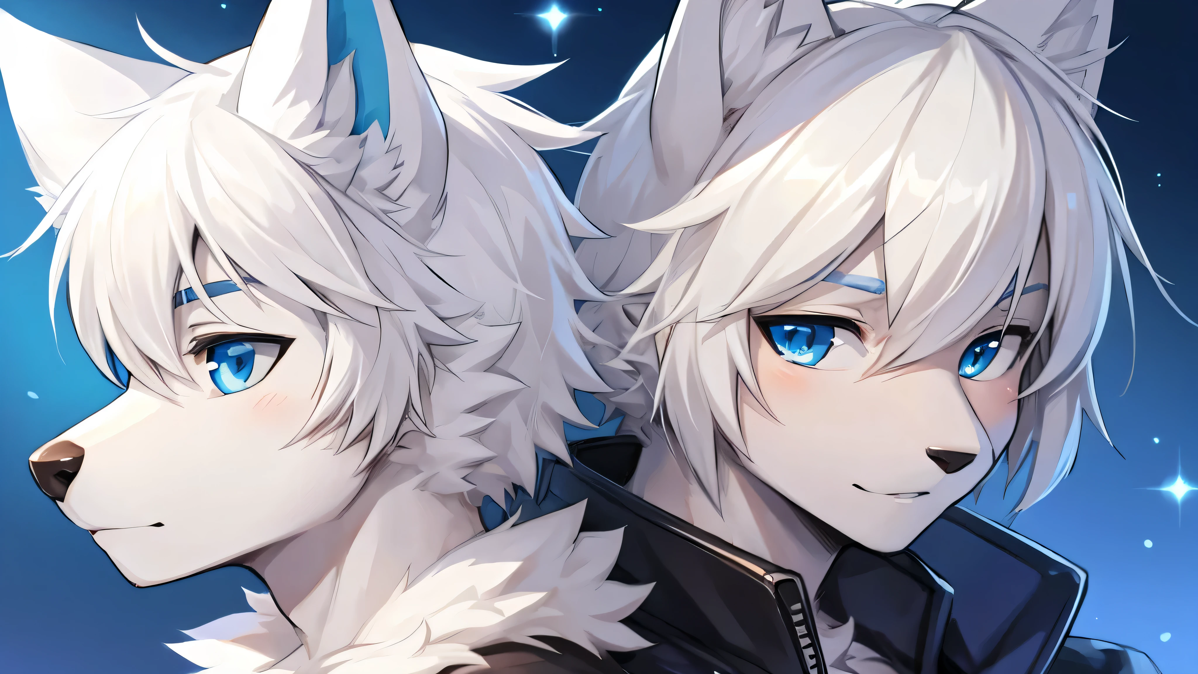 white hair, boys,Wolf dog， Profile picture, blue eyes