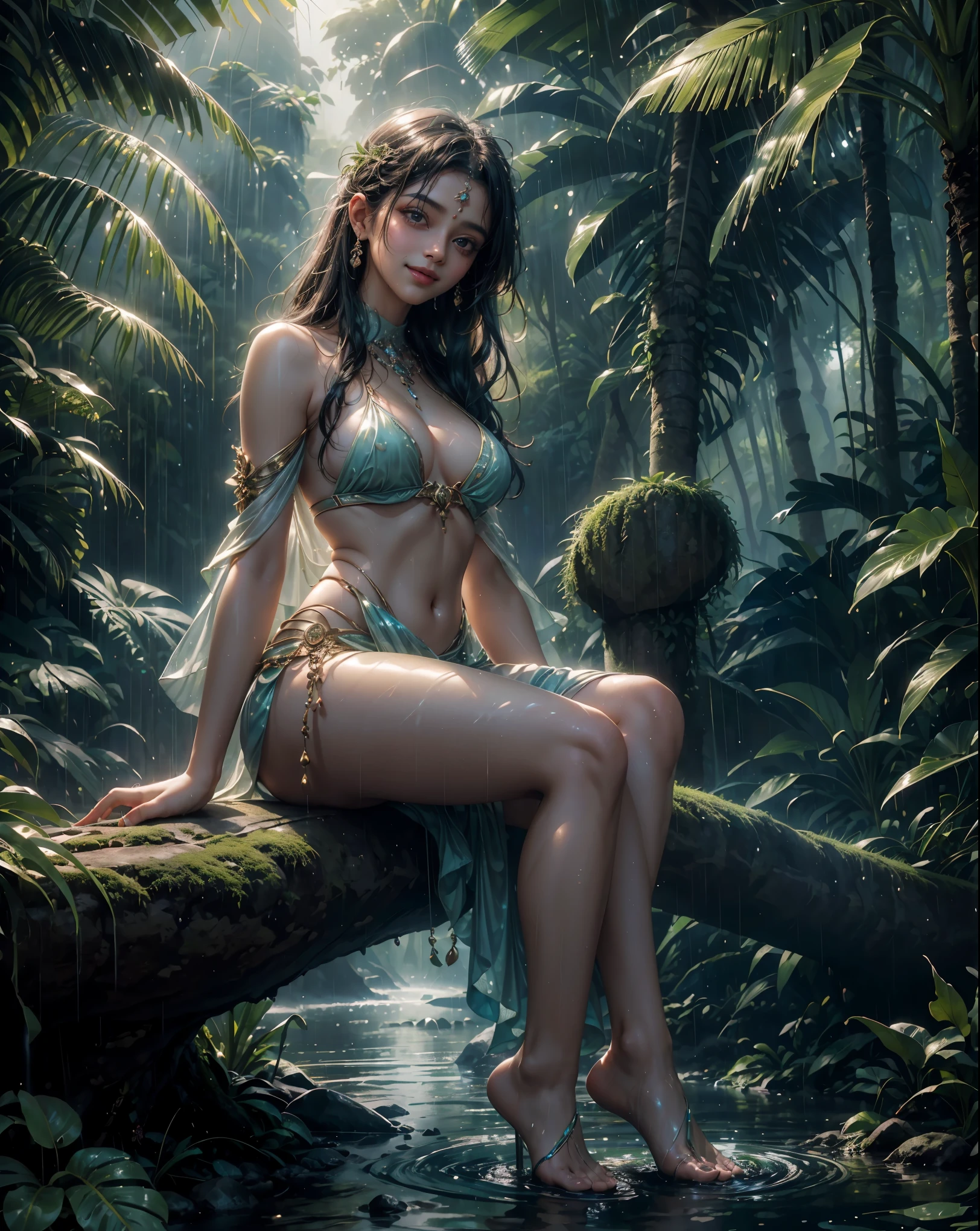 (Background:: jungle, monsoon on tropical island, kerala village, dense rain, monsoon, rainy environment, tropical climate, wet lush jungle landscape, lush rain forest, at evening during rain, rainy scene, rainy; 90's photograph, rain like a dream, tropic climate, moonlit kerala village) a woman sitting on a rock in a river, sexy pose on stones, stunning nature goddess look, indian girl with glowing skin, lovely languid princess, provocative indian, various seducing pose, of indian princess, closeup shot of princess, lovely princess , feeling the nature, panoramic view of girl, indian goddess, smiley face , beautiful smile, sexy smile.