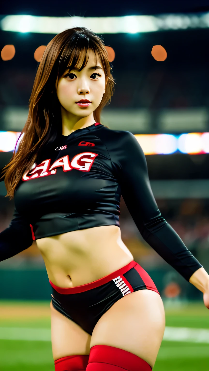 (realistic, photo-realistic:1.4), (extremely detailed 8k wallpaper), sharp focus, depth of field, blur background, detailed beautiful eyes and skin, (Image from thighs to head), Canon R5 50mm, Japanese idol, large breast, 25yo, Sleek black leggings with a crimson red soccer jersey, Intense pre-kickoff focus, Soccer field under stadium floodlights, Cleats gripping the grass,