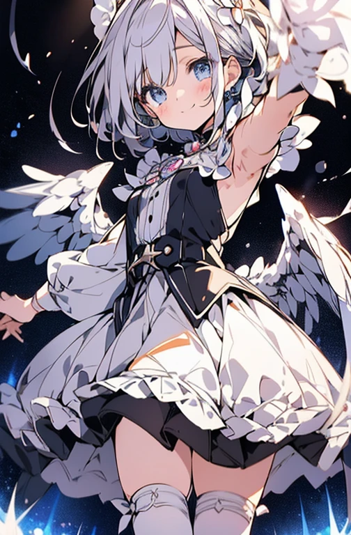 ((highest quality))、((8K))、((High resolution))、((masterpiece))、((Super detailed))、一人little girl、(height 140cmlittle girl)、((Looking at the camera from the front))、((photo from the knees up))、((standing))、detailed background, beautiful and delicate blue eyes、sparkling eyes,beautiful smooth silver hair、Fluffy short hair、gentle and adorable big eyes、((A smile that keeps me from crying))、tears、((Perfect and beautiful fingertips))、large feathers on the back、spreading arms widely,take a pose, A wearing a silver magical girl costume、flat chest、(white stockings)、shining light particles, heavenly, universe