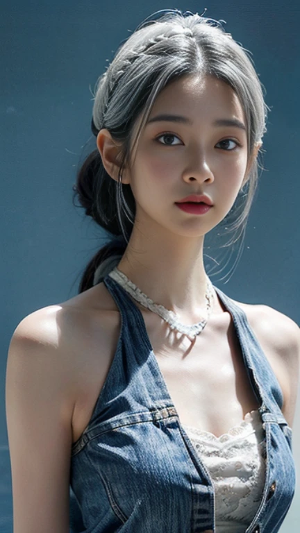 Upper body, newspaper background, beautiful Asian girl photo, cool feeling uplifting photo, Western beauty, shoulder-length white hair with a bunch of blue strapless sleeveless vest, Jean jacket , white lace around the neck, artist color Sargent, realistic facial expressions, beautiful lighting, extremely beautiful facial details and delicate eyes, clear and three-dimensional facial contours, 32K