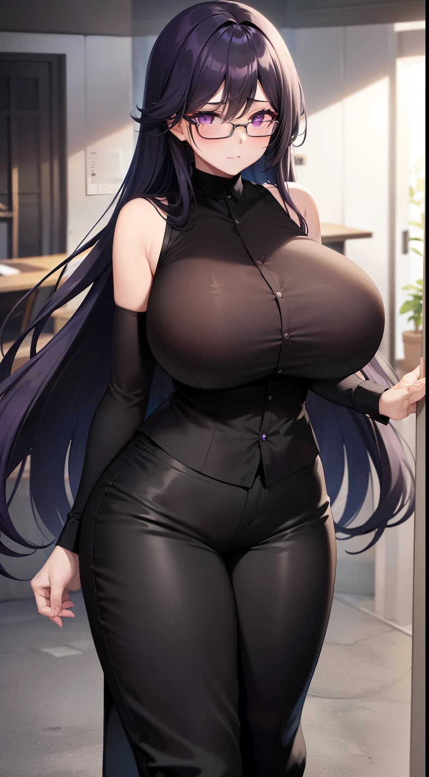 beautiful woman、 long black hair, purple eyes, Glasses, Black sleeveless shirt, huge breasts, pants, heavy oil, peeping tom, masterpiece, high quality、Stuffy