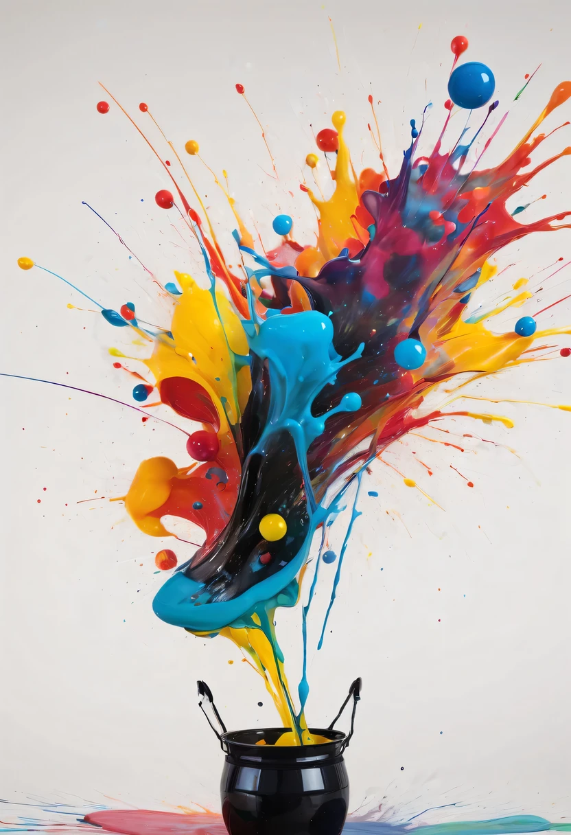 scribble art，ink splatter，Wild，splash ink painting，Abstraction，rich and colorful，Vague dreams，Dynamic energy,publish creation，visual impact,modern aesthetic,Elegant and simple,Contemporary interpretation,be bold,black background，Colored marbles fall into the ink bucket，The moment when ink is splattered，Stir up huge rich and colorful waves，Gorgeous