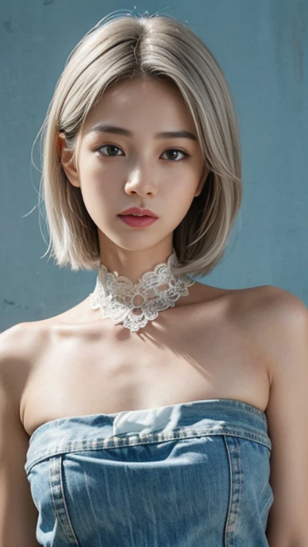 Upper body, newspaper background, beautiful Asian girl photo, cool feeling uplifting photo, Western beauty, shoulder-length white hair with a bunch of blue strapless sleeveless vest, Jean jacket , white lace around the neck, artist color Sargent, realistic facial expressions, beautiful lighting, extremely beautiful facial details and delicate eyes, clear and three-dimensional facial contours, 32K