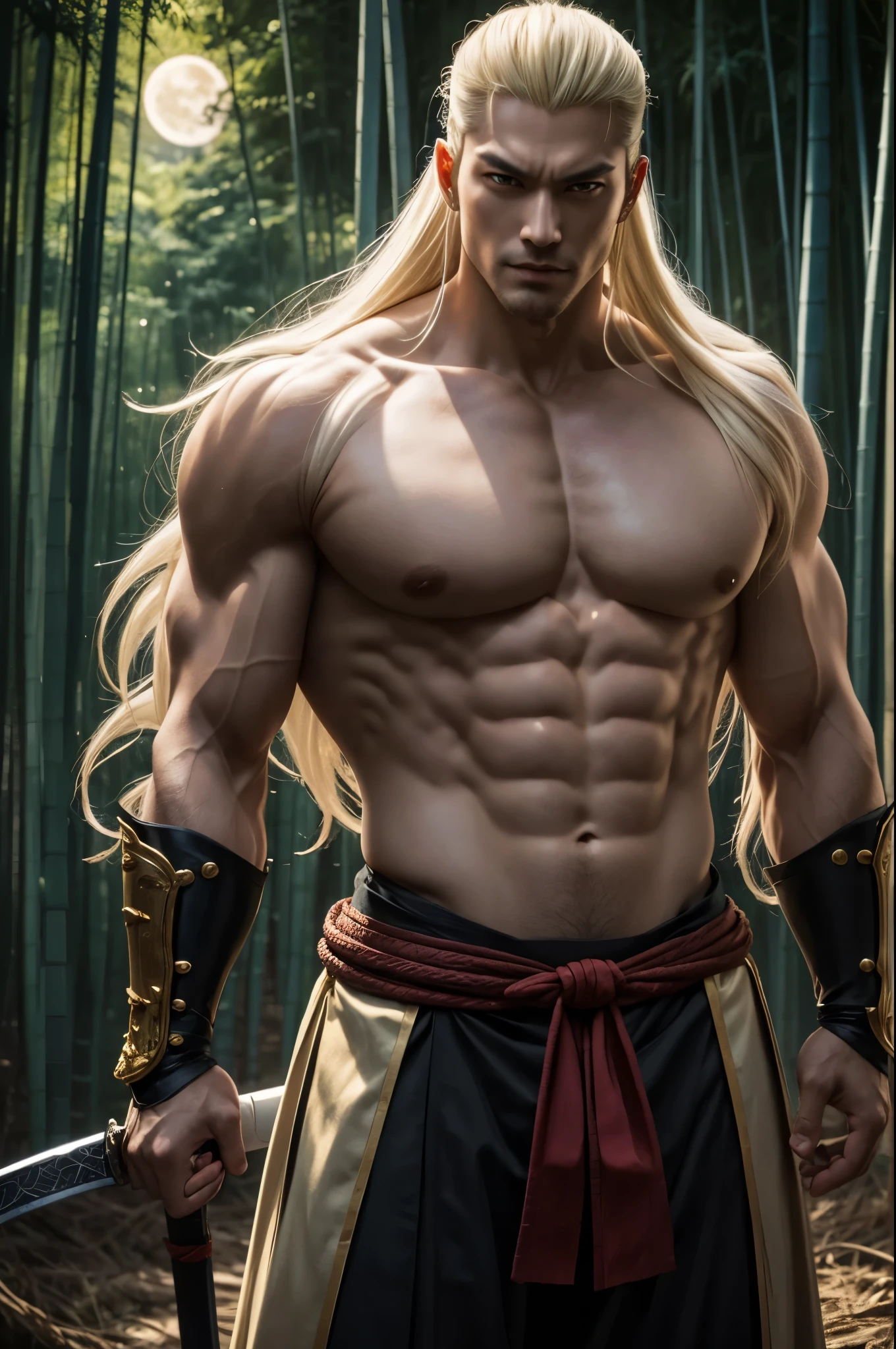 8K,額から真っ直ぐにbornえる1本の白い角,Demon man with a big long sword, devil's villain, demon samurai,super handsome(like the real thing),Albino skin,realistic skin golden eyes, rich colors, Backlight, cinematic lighting, film grain, born, 50mm lens, Nikon D850,full moon and bamboo forest,super handsomeな成人した男性,pure white skin,