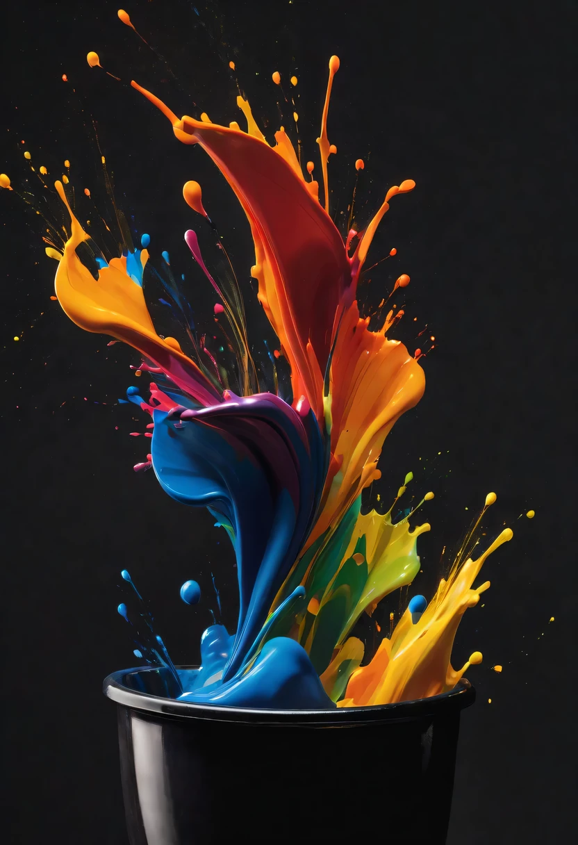 scribble art，ink splatter，Wild，splash ink painting，Abstraction，rich and colorful，Vague dreams，Dynamic energy,publish creation，visual impact,modern aesthetic,Elegant and simple,Contemporary interpretation,be bold,black background，Colored marbles fall into the ink bucket，The moment when ink is splattered，Stir up huge rich and colorful waves，Gorgeous