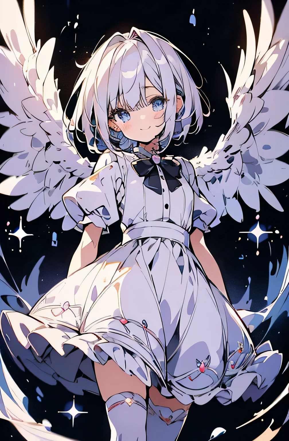 ((highest quality))、((８K))、((High resolution))、((masterpiece))、((Super detailed))、一人girl、（Height 140ｃｍgirl）、((Looking at the camera from the front))、((Photo from above the knees))、((Are standing))、detailed background, Beautiful and delicate blue eyes、sparkling eyes，beautiful smooth silver hair、Fluffy shorthair、Gentle and adorable big eyes、((tearsをこらえてくれる笑顔))、tears、((Perfect and beautiful fingertips))、large feathers on the back、spreading arms widely,take a pose, 銀色の魔法girlコスチュームを着たA、flat chest、(white stockings)、shining light particles, sky, universe