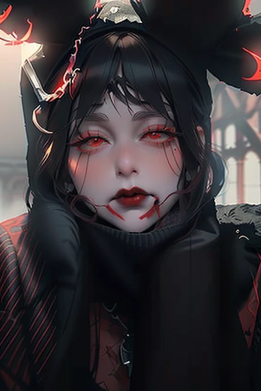 a close up of a woman with a bunny ear hat and a scarf, red lipstick on face, goth girl aesthetic, thick red lips, skull ornaments on outfit heavy winter aesthetics, 1 7 - year - old goth girl, goth aesthetic, artwork in the style of guweiz, faint red lips, heavy makeup, small and thick red lips, big eyes and lips, CastleVania castle background,