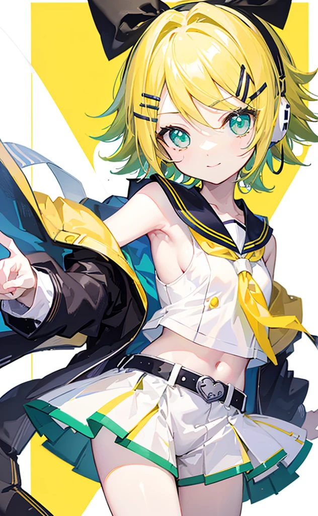 top-quality、super precision、Onegirl、(kagamine_Rin)、Green eyes、Cute s、Shorthair、White hair ribbon、hair clips、headphones、a blond、a sailor suit、Black shorts、a belt、Yellow neckerchief、Sleeveless、ssmile、High school 、Older sister、white backgrounid big breast