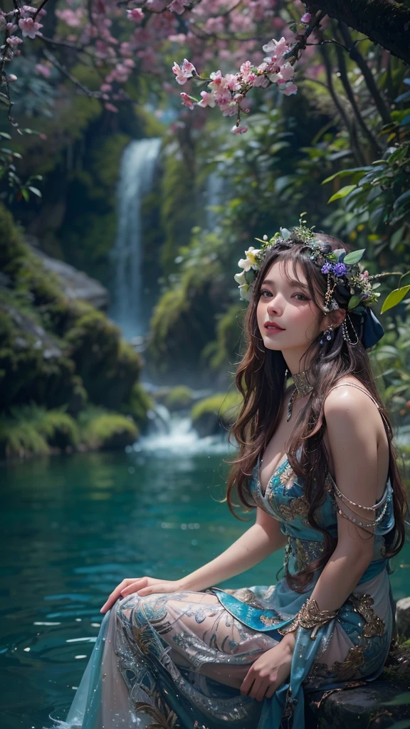 A woman wearing a sexy outfit plays in the pool, Beautiful face, HDLet your hair grow long and wear floral jewelry., set sexy, in the forest, waterfall, swimming costume, In the deep forest, in a pond, with trees, sitting on a rock, ancient european dress white Long type, Sitting in the water, purple dress, European appearance, Beautiful face, smiling, Art Deco, 16k, 16k, 16k, 8k, 4K, 1080P, HD, highres, best quality, high details, super detail, masterpiece, retina, UHD