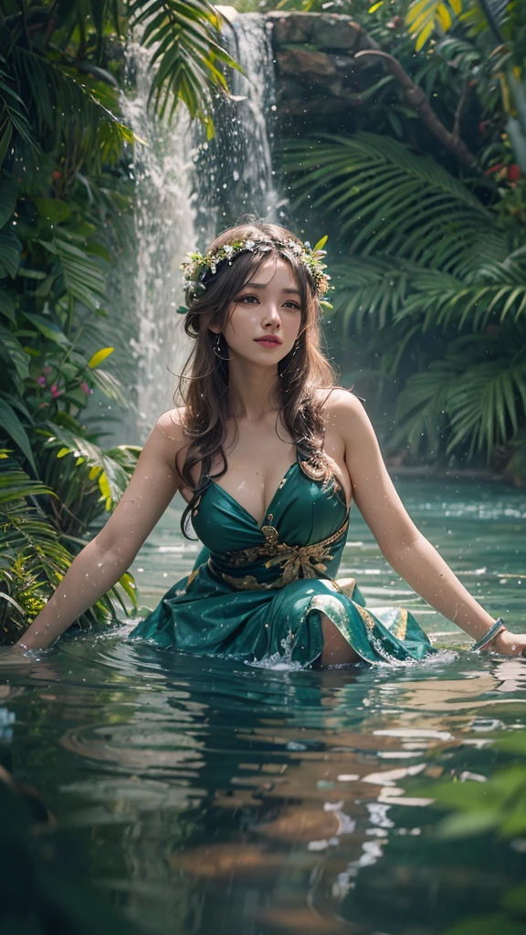 A woman wearing a sexy outfit plays in the pool, Beautiful face, HDLet your hair grow long and wear floral jewelry., set sexy, in the forest, waterfall, swimming costume, In the deep forest, in a pond, with trees, sitting on a rock, ancient european dress white Long type, Sitting in the water, purple dress, European appearance, Beautiful face, smiling, Art Deco, 16k, 16k, 16k, 8k, 4K, 1080P, HD, highres, best quality, high details, super detail, masterpiece, retina, UHD
