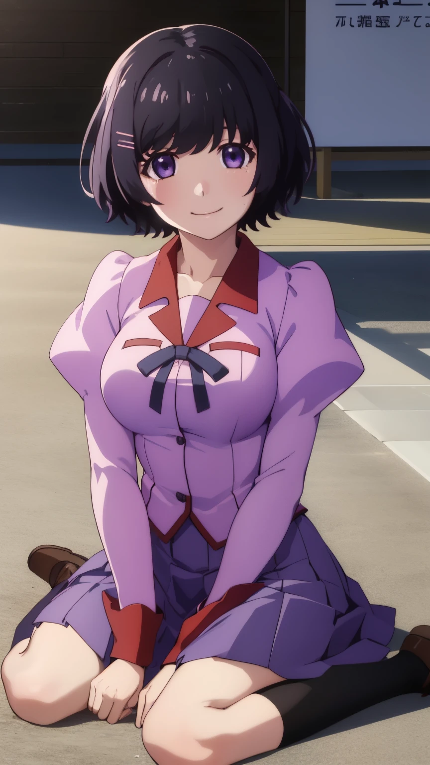 masterpiece, highest quality, High resolution, be familiar with, 1 girl, alone, looking at the viewer, smile, , Hanekawa 01, short hair, big breasts, skirt, black hair, pink shirt, hair ornaments,school uniform, purple eyes, hair clip, long sleeve, puffy sleeves, juliet sleeves, naoetsu high school uniform, close, sitting on the ground,  wariza