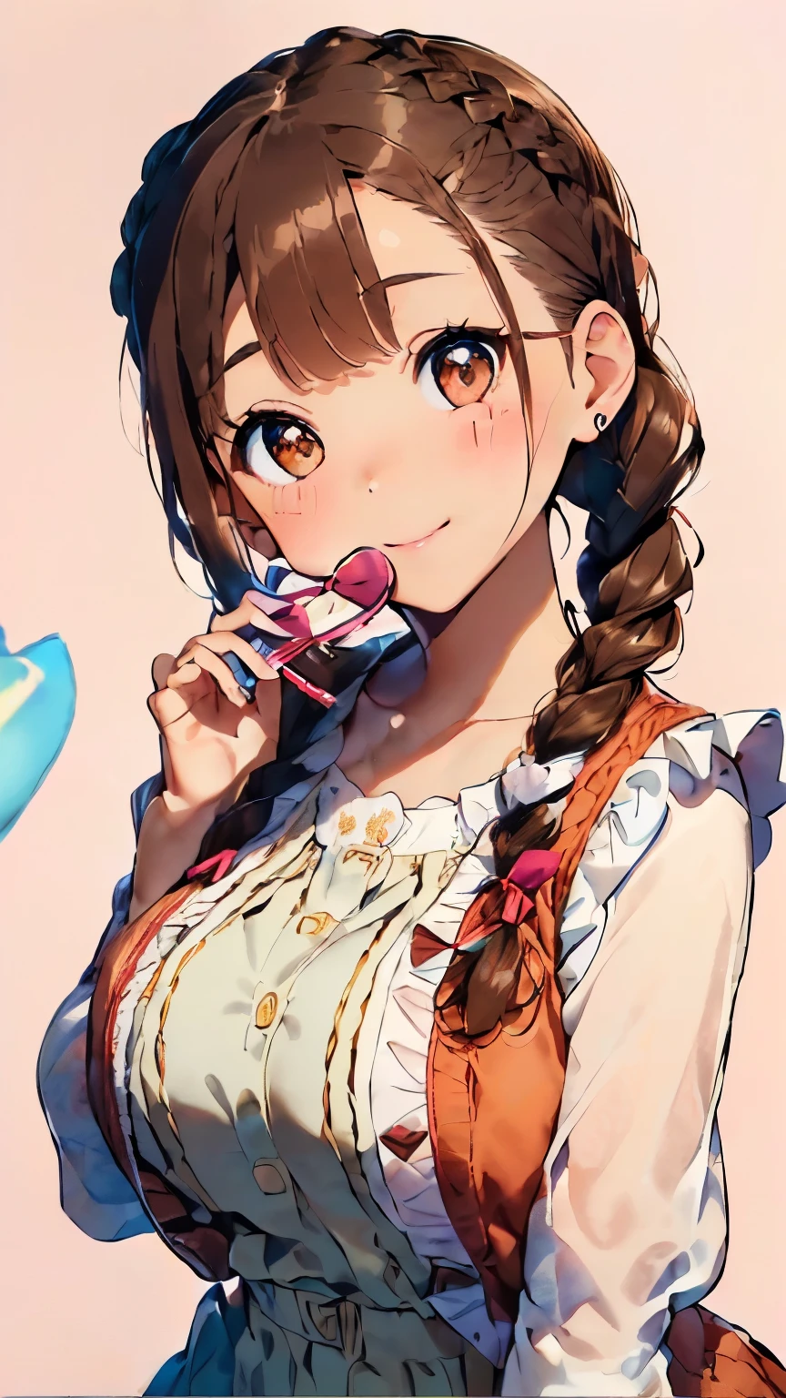(brown hair:1.4),(brown eyes:1.4),((Braided shorthair:1.3)),((With bangs)),((Valentine:1.4)),(blush),((gentle smile:1.2)),((A colorful and cute world with POP:1.3)),(Soft taste:1.6),((fashion//vest、double sleeve chiffon blouse 1.25)),(cute pose:1.3),(I like you so much♡:1.6)