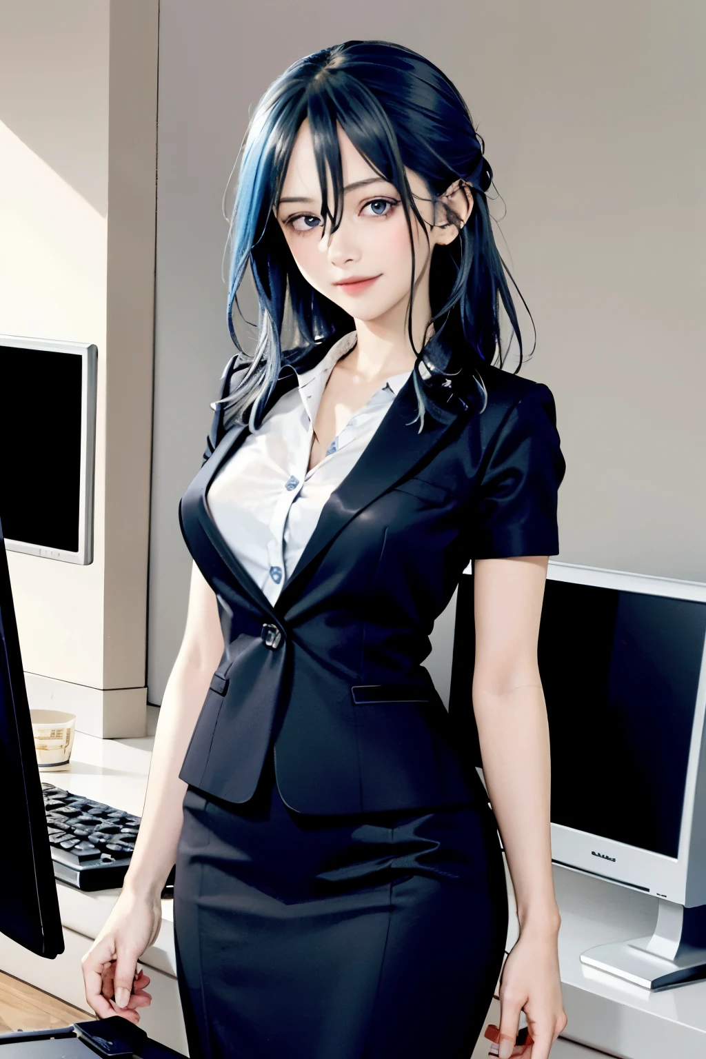 ((masterpiece, highest quality)), (1 girl),((mature woman)), blue hair, ((office lady )),bangs,middle chest,(Big breasts),slim,smile, [wide hips],office, Work on the computer